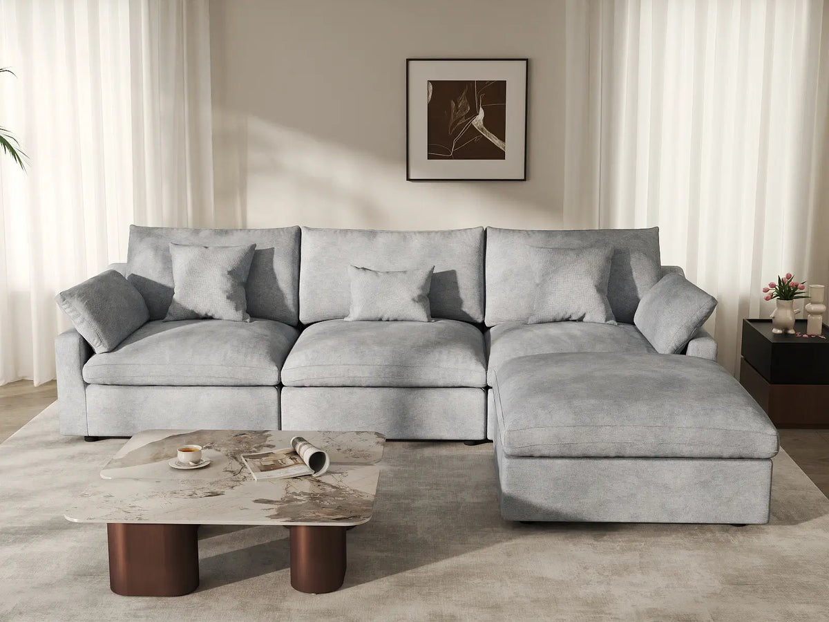 Deluxe Cloud 3-Seater Light-Grey Washable L-Shaped Sectional | 4-Piece (includes 1 Ottoman), Chenille and Linen Fabric, Modular Design — product view 4