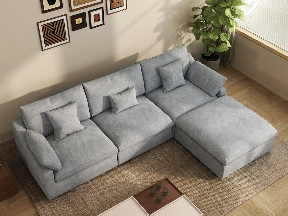 Deluxe Cloud 3-Seater Light-Grey Washable L-Shaped Sectional | 4-Piece (includes 1 Ottoman), Chenille and Linen Fabric, Modular Design — product view 6