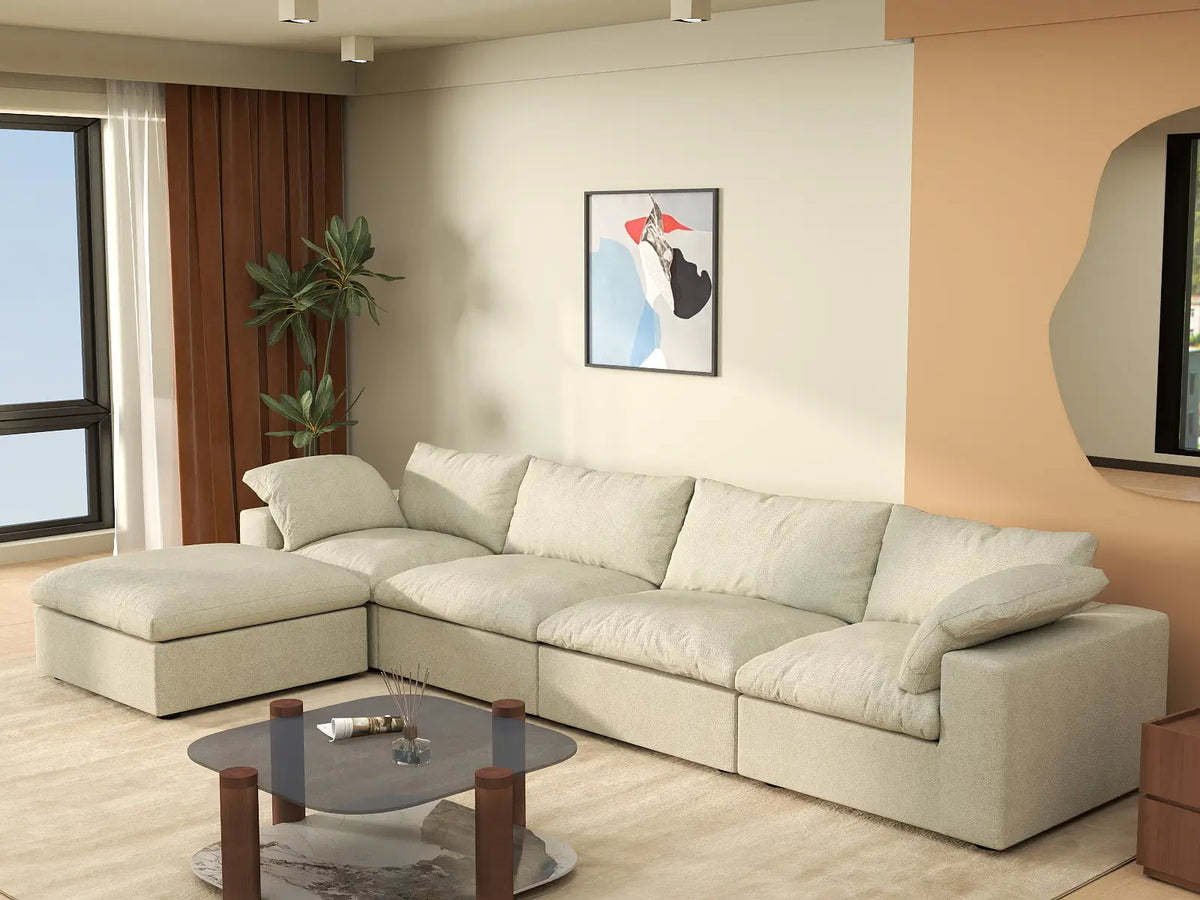 Deluxe Cloud 4-Seater Khaki Storage L-Shaped Sectional | 5-Piece (includes 1 Ottoman), Cotton and Linen Fabric, Washable Covers — product view 3