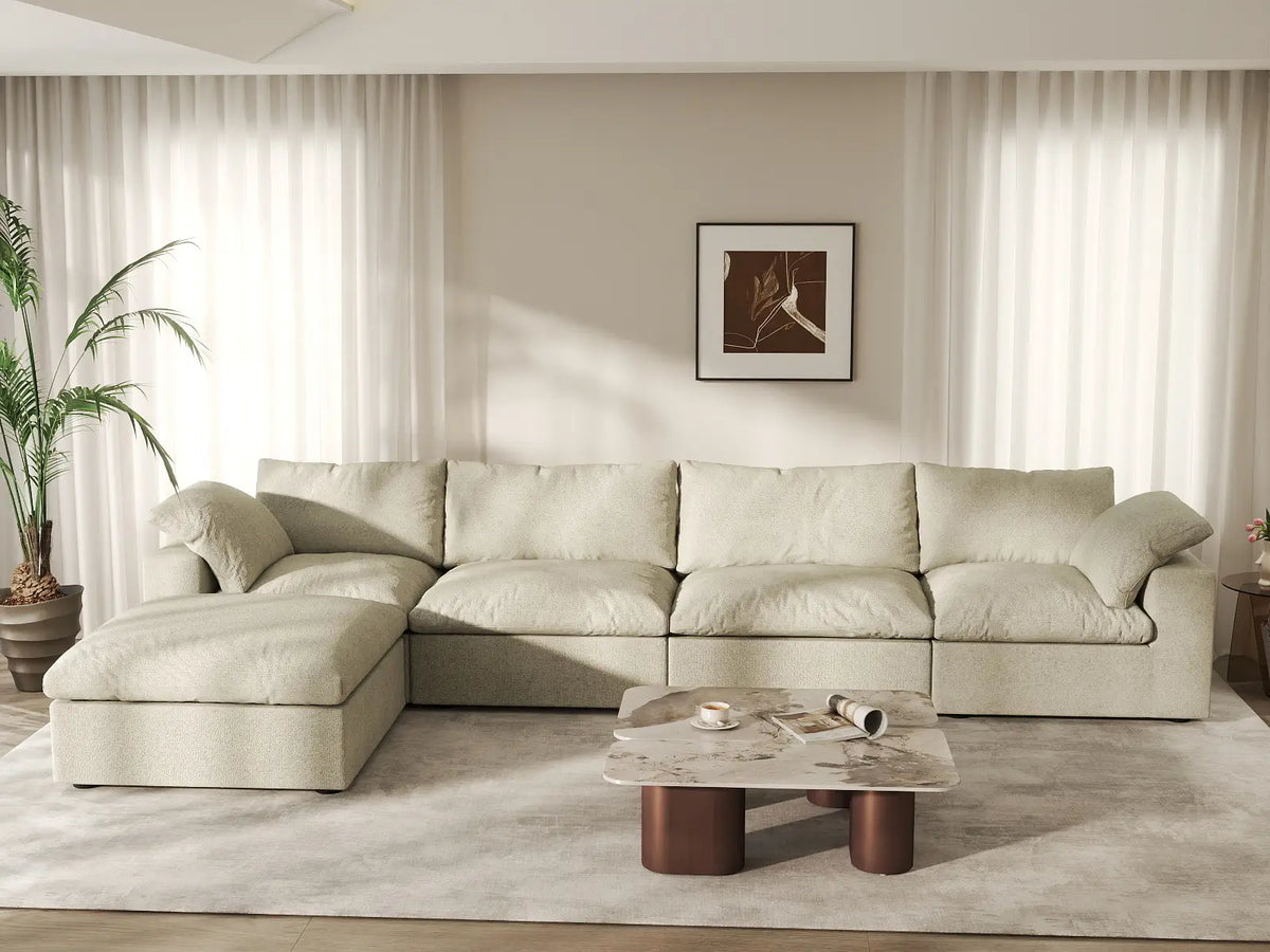 Deluxe Cloud 4-Seater Khaki Storage L-Shaped Sectional | 5-Piece (includes 1 Ottoman), Cotton and Linen Fabric, Washable Covers — product view 4