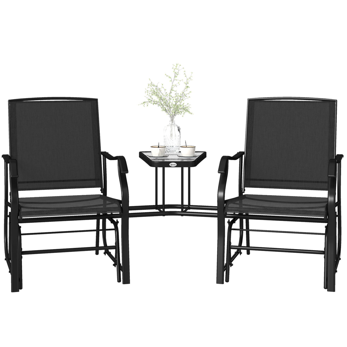 Double Patio Glider Chair with Glass Top Center Table, All Weather Breathable Mesh Fabric, Black — product view 2