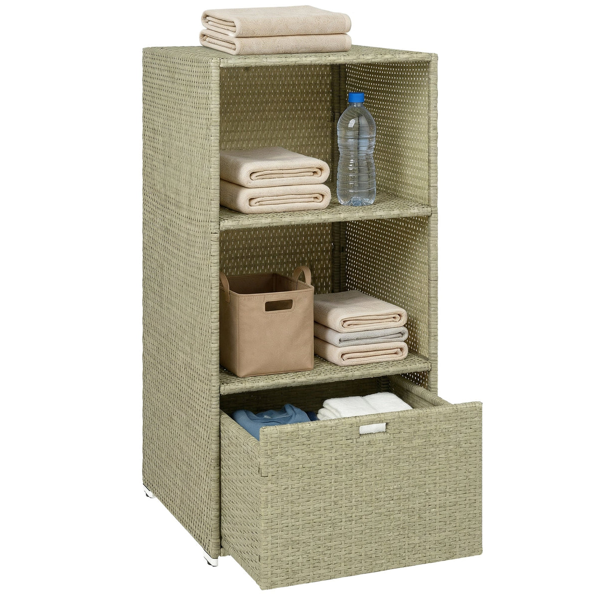 Pool Towel Rack with 2 Shelves and Basket Drawer, PE Rattan, Gradient Gray — product view 1
