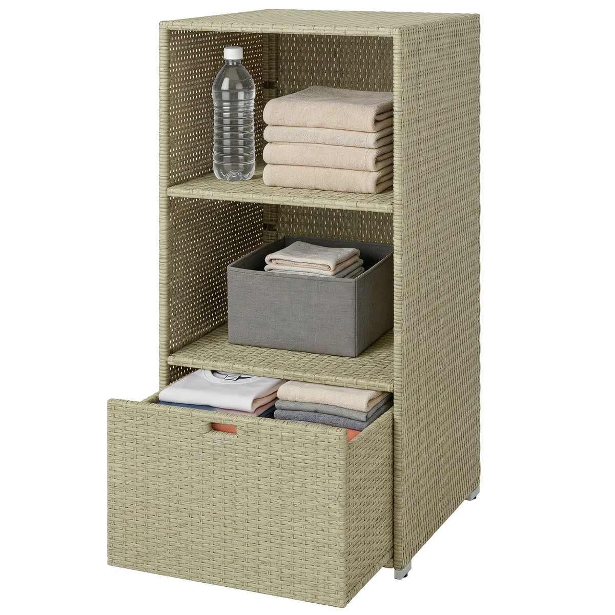 Pool Towel Rack with 2 Shelves and Basket Drawer, PE Rattan, Gradient Gray — product view 2