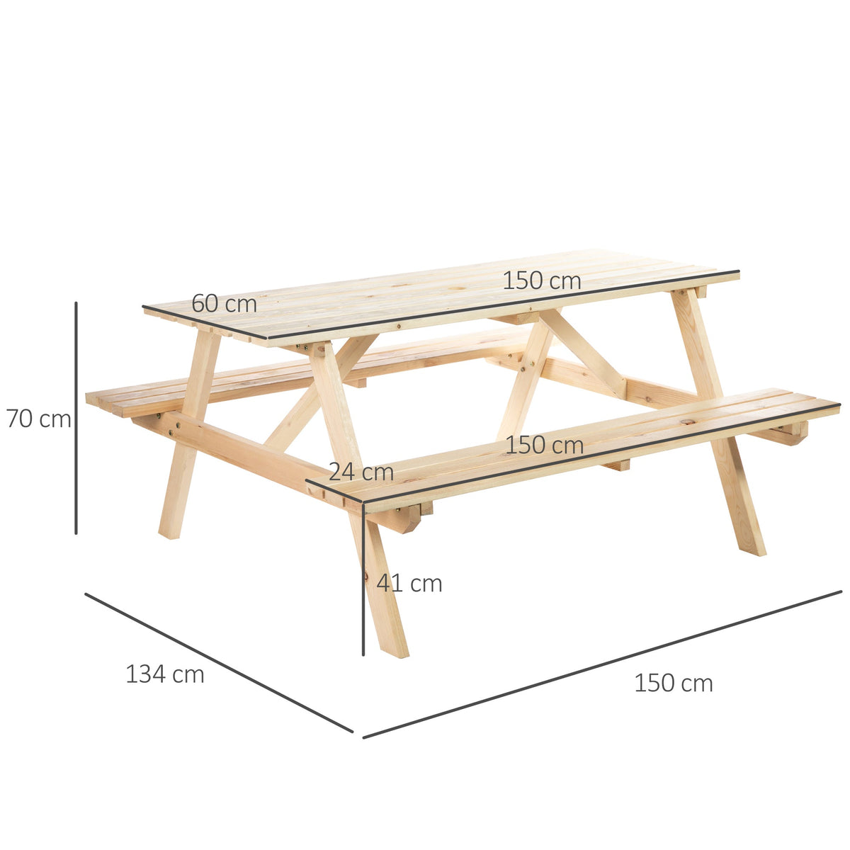 150 cm 6 Seater Wooden Picnic Table Bench with Parasol Hole, Natural Wood — product view 5