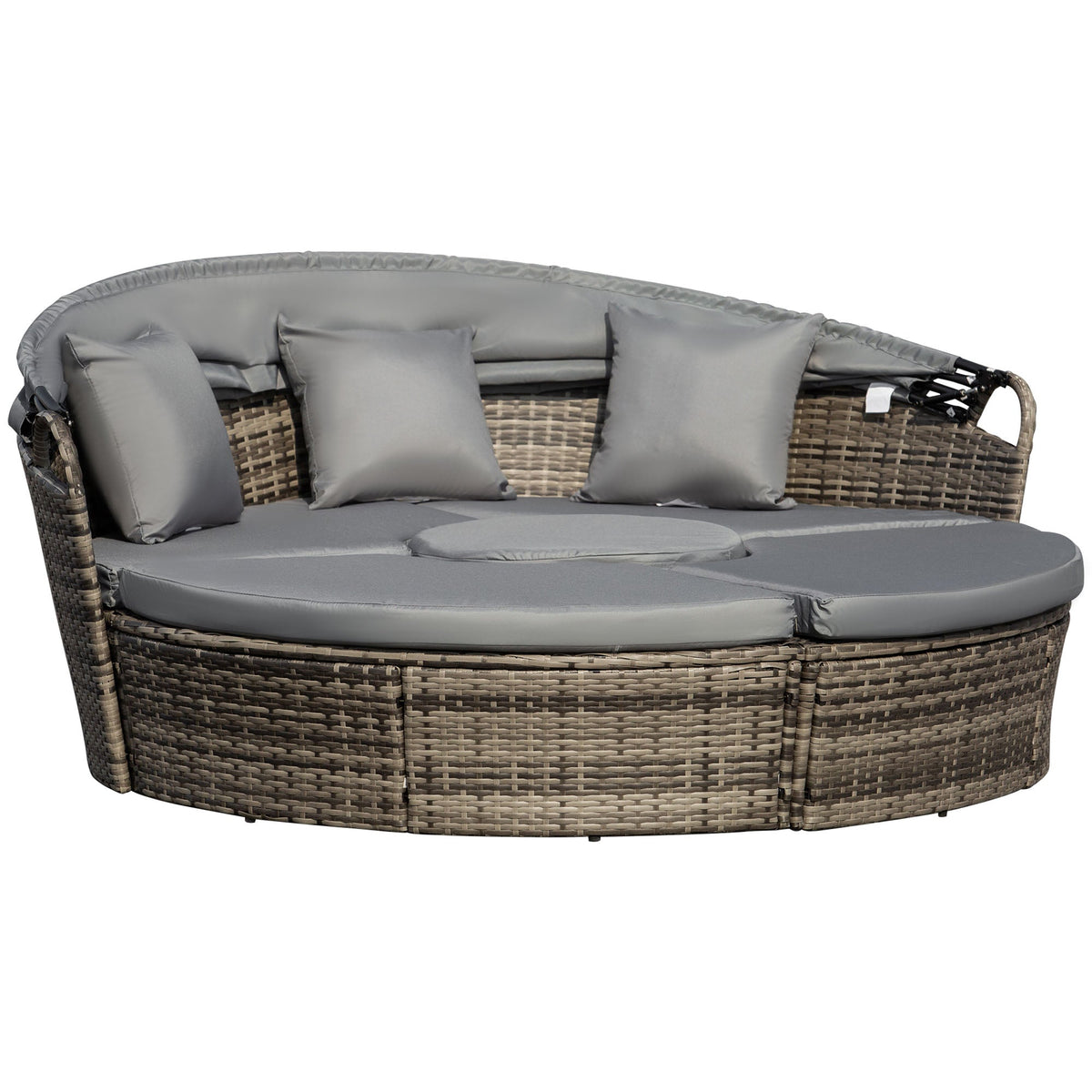 Round PE Rattan Daybed Set with Retractable Canopy, Table & Pillows, Dark Grey/Grey — product view 1