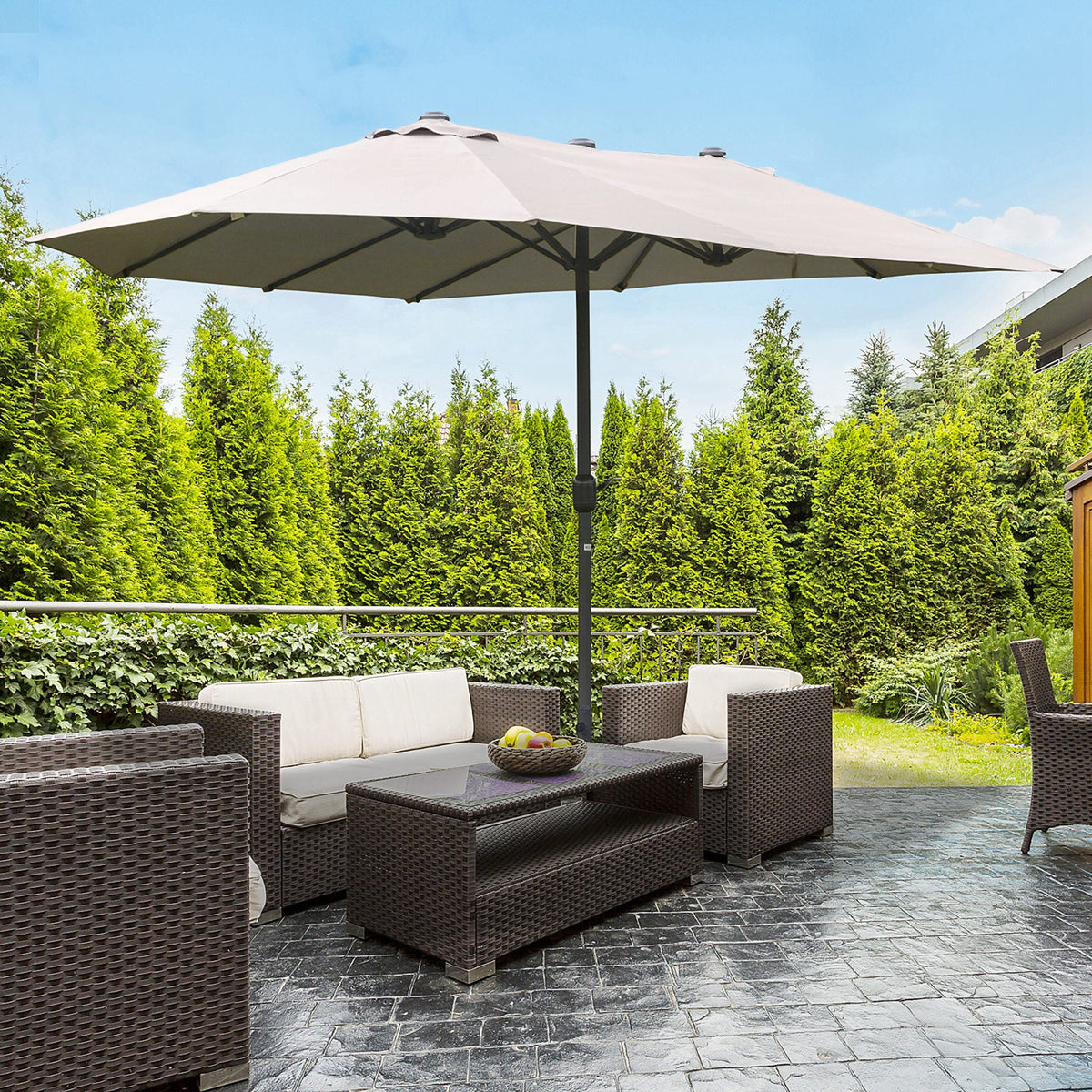 15' Outdoor Patio Umbrella with Twin Canopy, Lift Crank and Sandbag, Light Grey — product view 4
