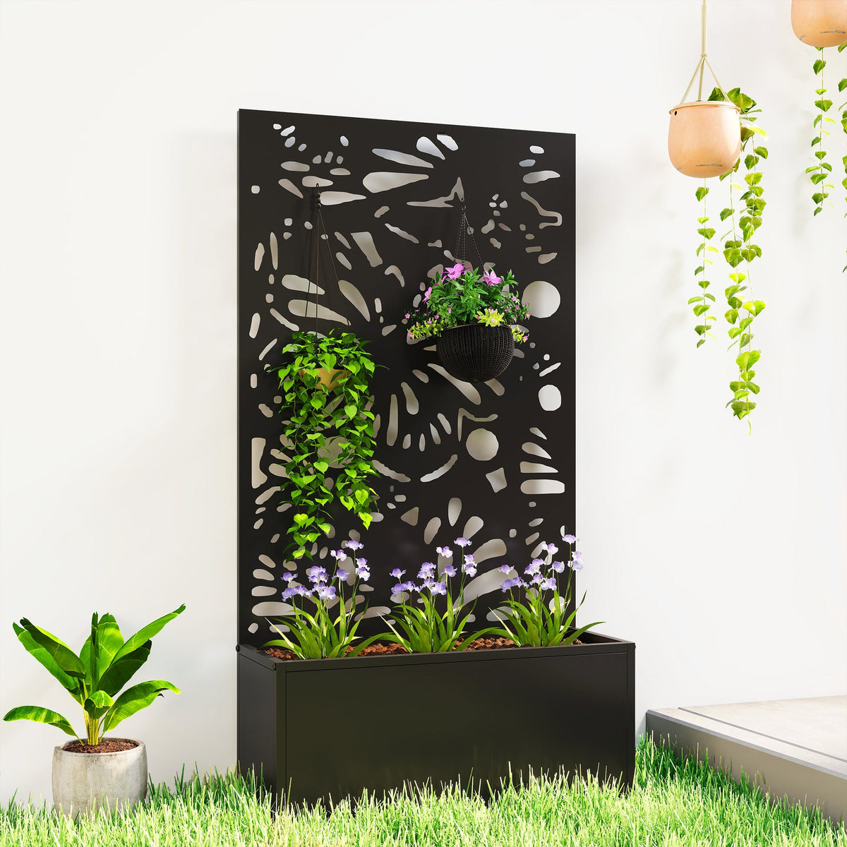 Metal Raised Garden Bed with Trellis Privacy Panel, Butterfly Cut-Out — product view 3