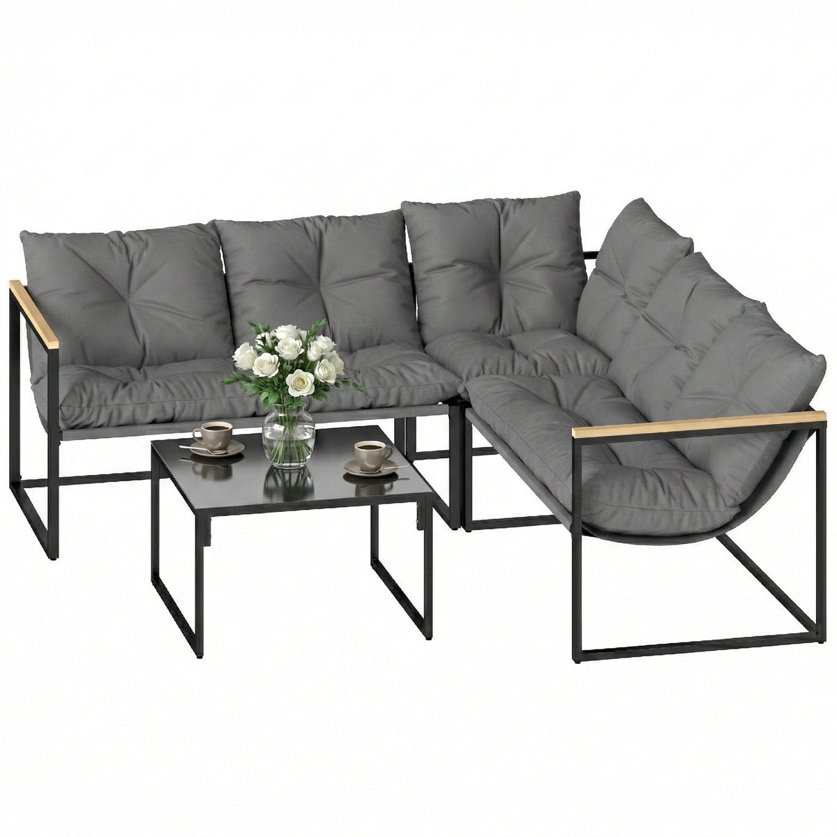 4 Piece Garden Furniture Set with Coffee Table and Thick Cushions, Grey — product view 2