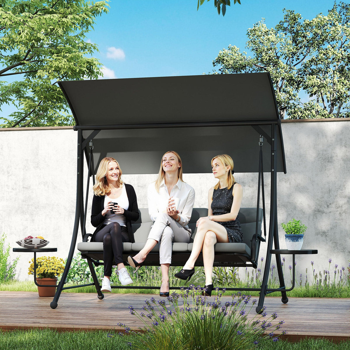 3 Seater Garden Swing Chair with Adjustable Canopy & Side Tables, Dark Grey — product view 3