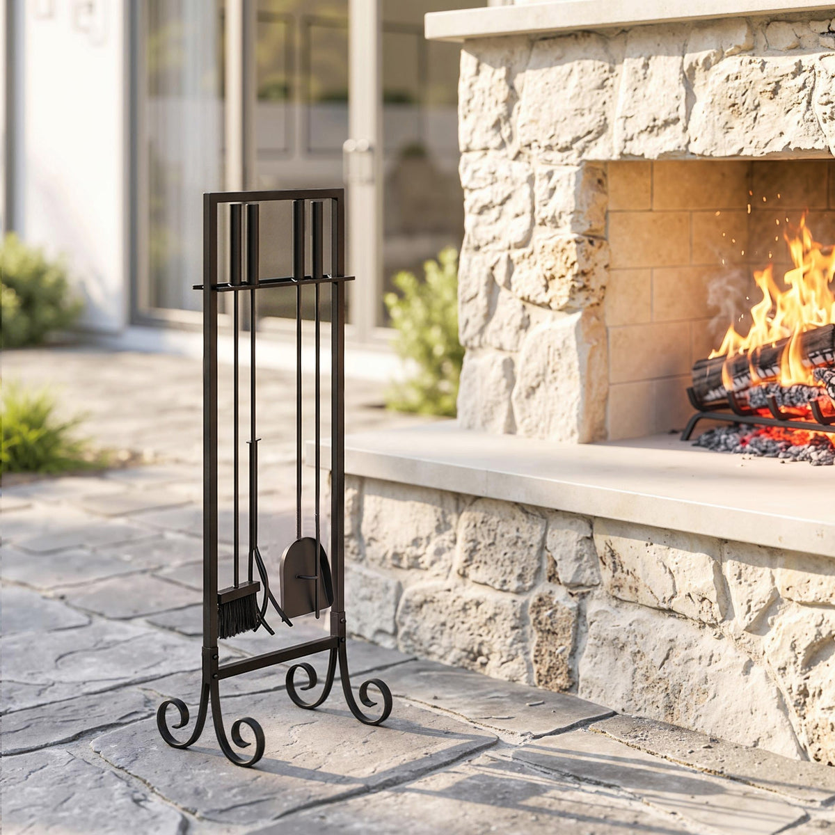 5-Piece Fireplace Tool Set with Brush, Shovel, Poker, Tongs & Stand, Black Metal — product view 3