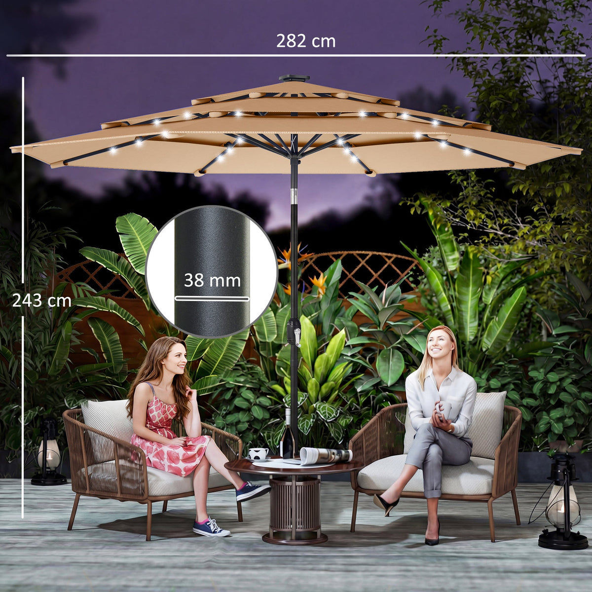 2.8 m Garden Parasol with Solar LED Light, Cover and 3-Tier Top, Khaki — product view 5