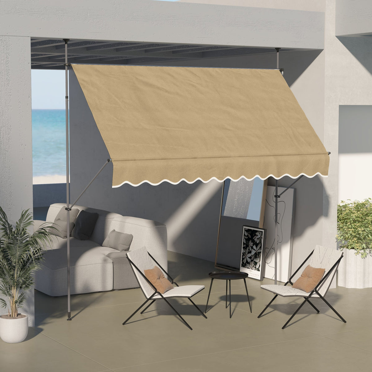 118" Manual Retractable Awning with Support Pole, Beige — product view 3