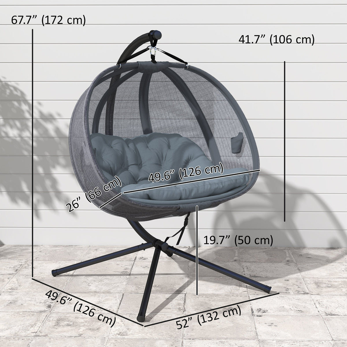 Double Egg Chair with Stand, 2 Person Hanging Swing Egg Chair Outdoor Indoor, 528 LBS Capacity Loveseat Hammock Swing with Cushion, Pockets, Grey — product view 5