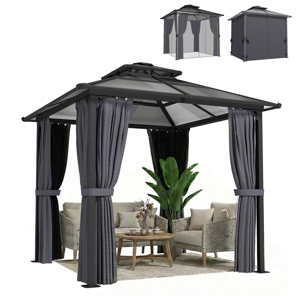 2.5 x 2.5 m Hardtop Gazebo with Double Roof, Netting & Curtains, Dark Grey — product view 1