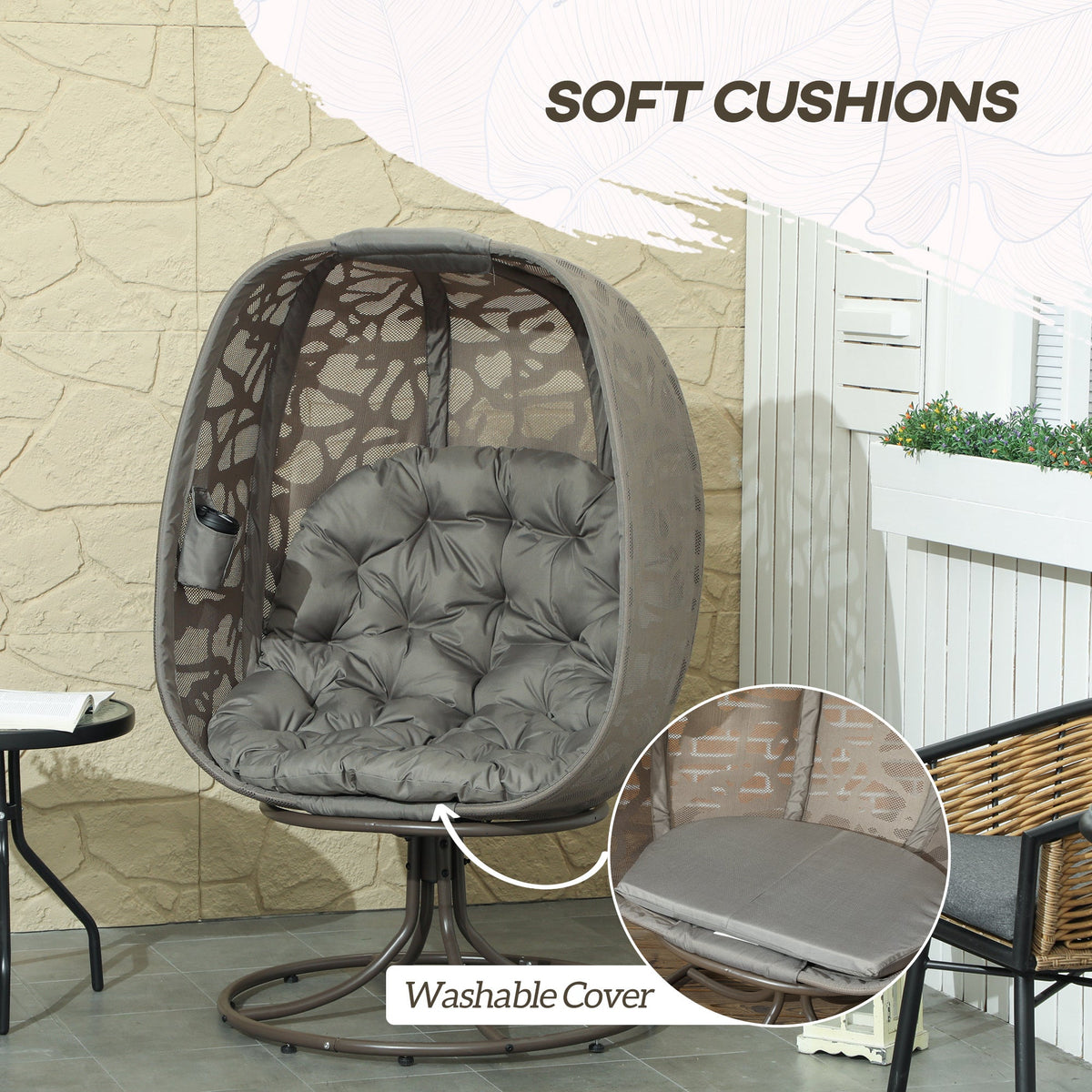 Swivel Egg Chair with Cushions & Foldable Basket Seat, Sand Brown — product view 7
