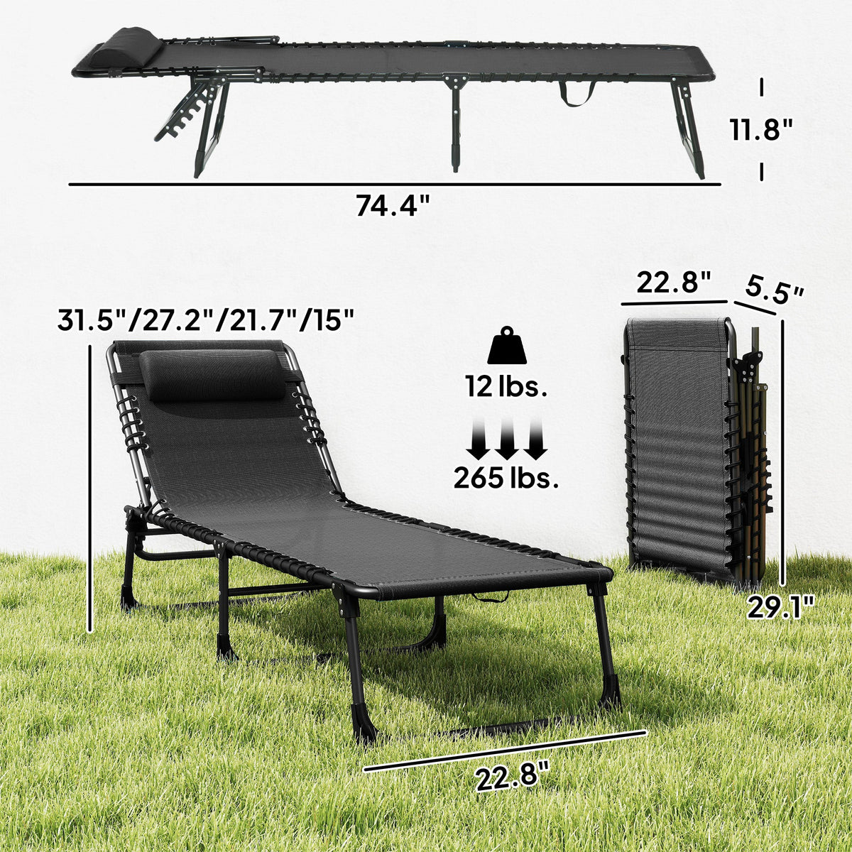 Folding Chaise Lounge Chair with 4-Position Reclining Back & Breathable Mesh Seat, Black — product view 5