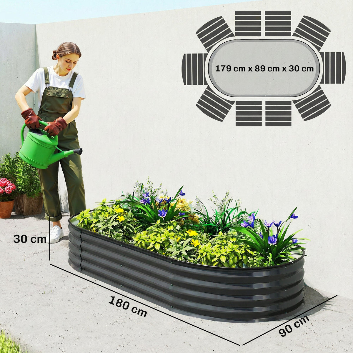 180 x 90 x 30 cm Galvanised Raised Garden Bed with Safety Edging, Dark Grey — product view 5