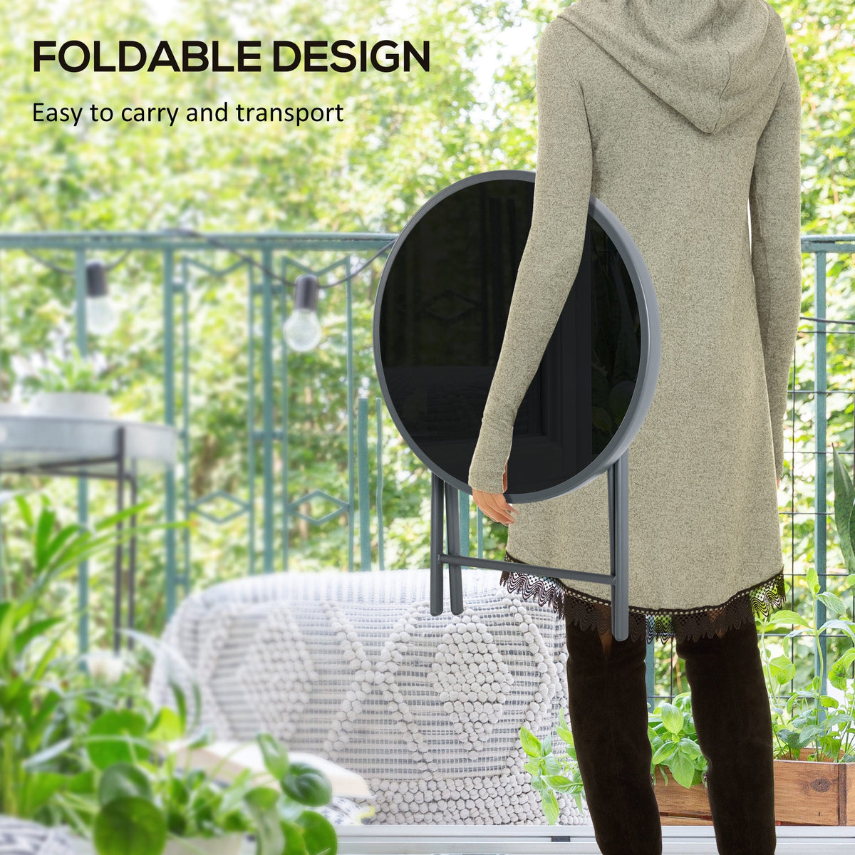 18" Outdoor Round Folding Table with Tempered Glass Top, Black — product view 6