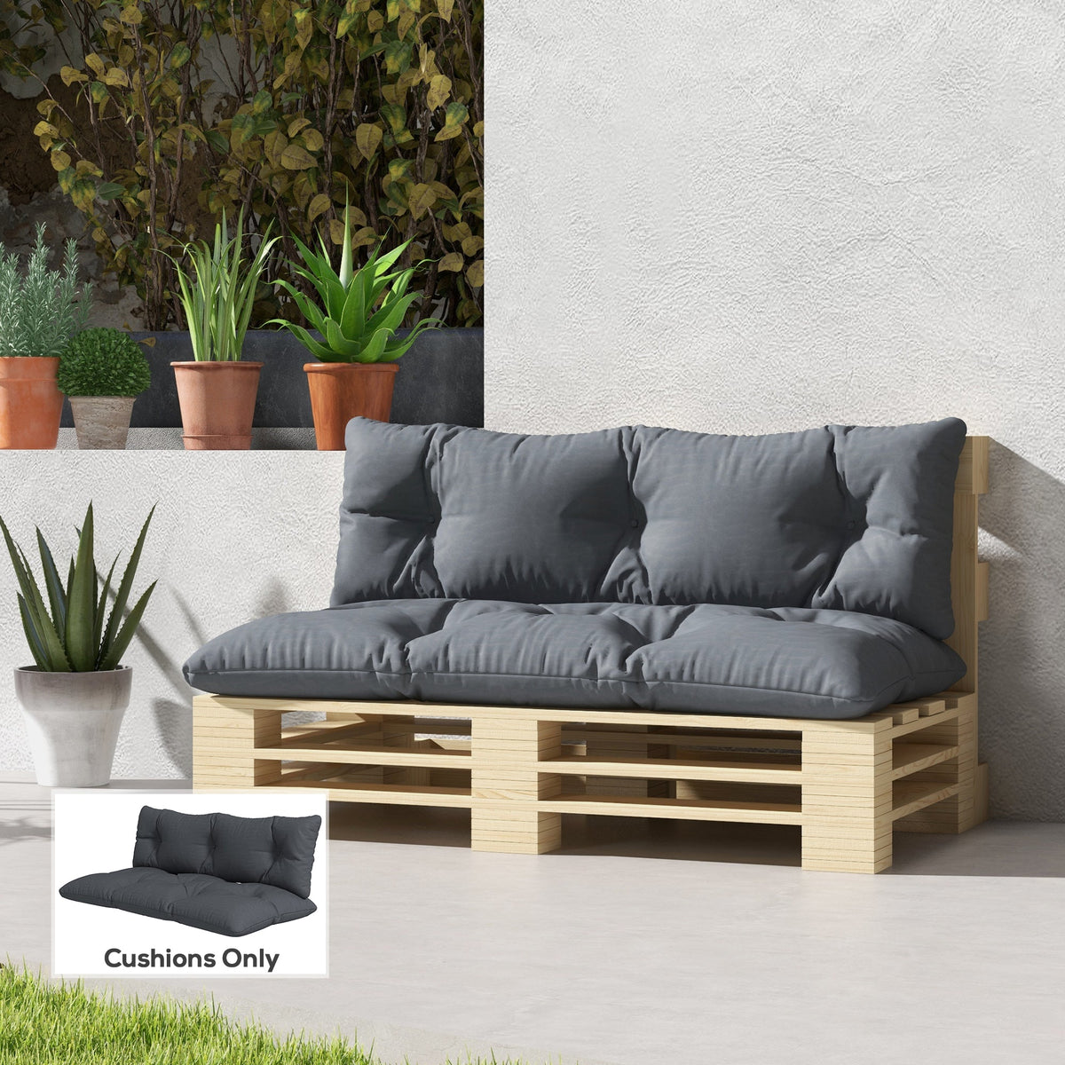2-Seater Outdoor Seat & Back Cushions, 6" Thick for Pallet Loveseat, Dark Grey — product view 4