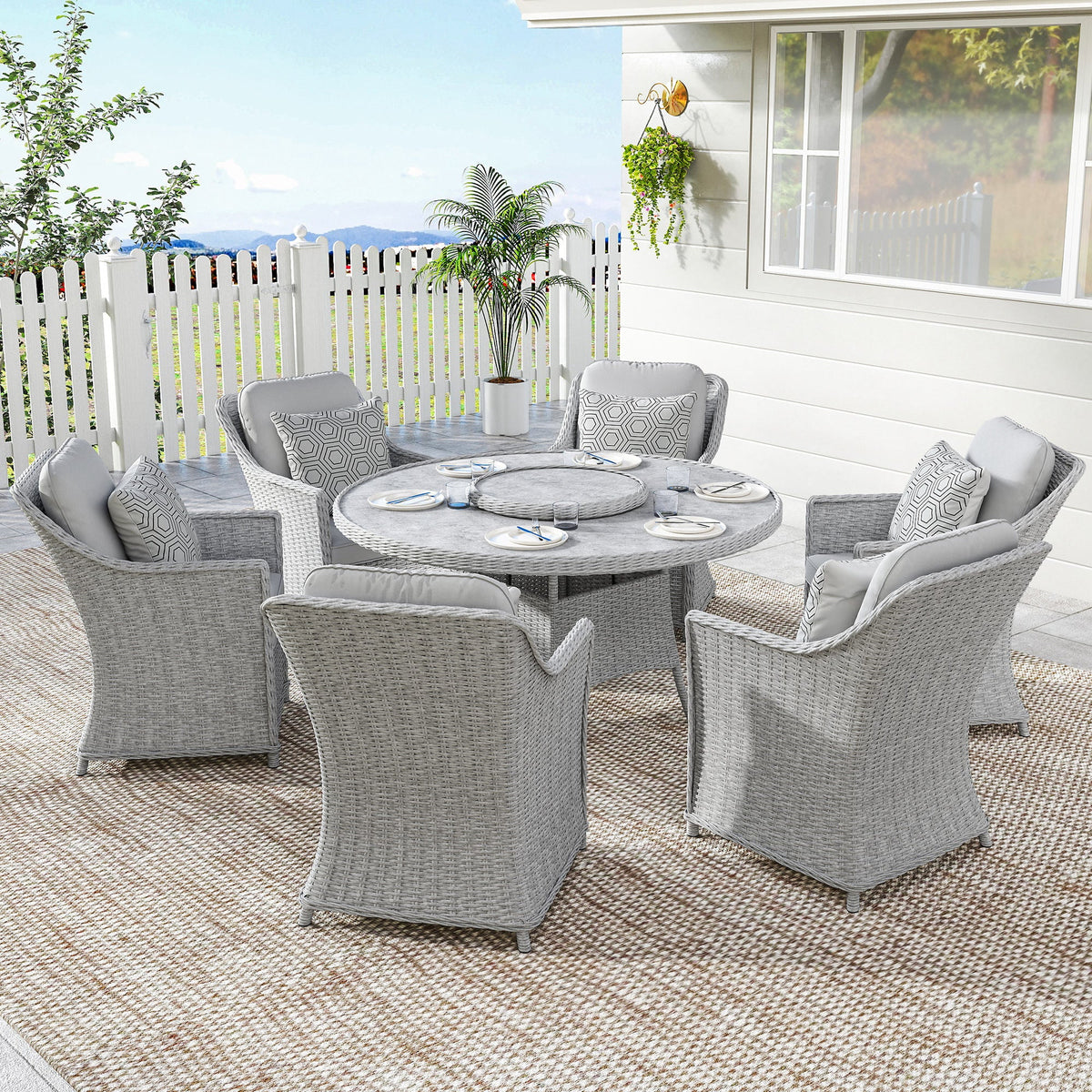 6 Seater Rattan Dining Set with Lazy Susan and Marble Effect Table, Grey — product view 4