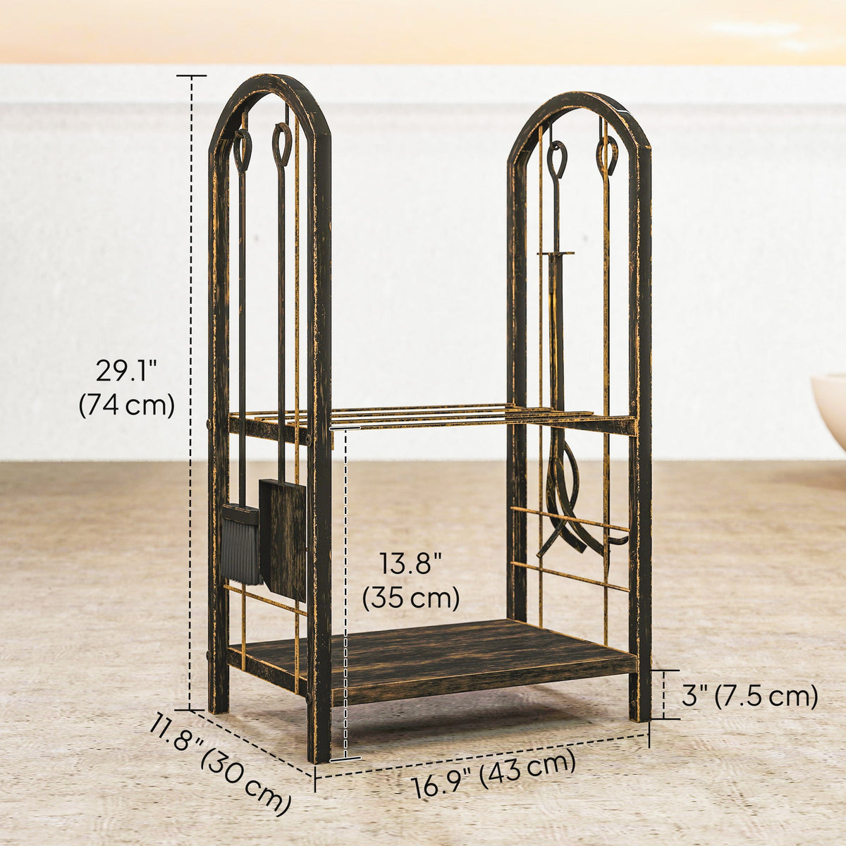 2-Tier Firewood Rack with 4 Fireplace Tools & Hooks, 220 lb Capacity, Coffee Brown — product view 5