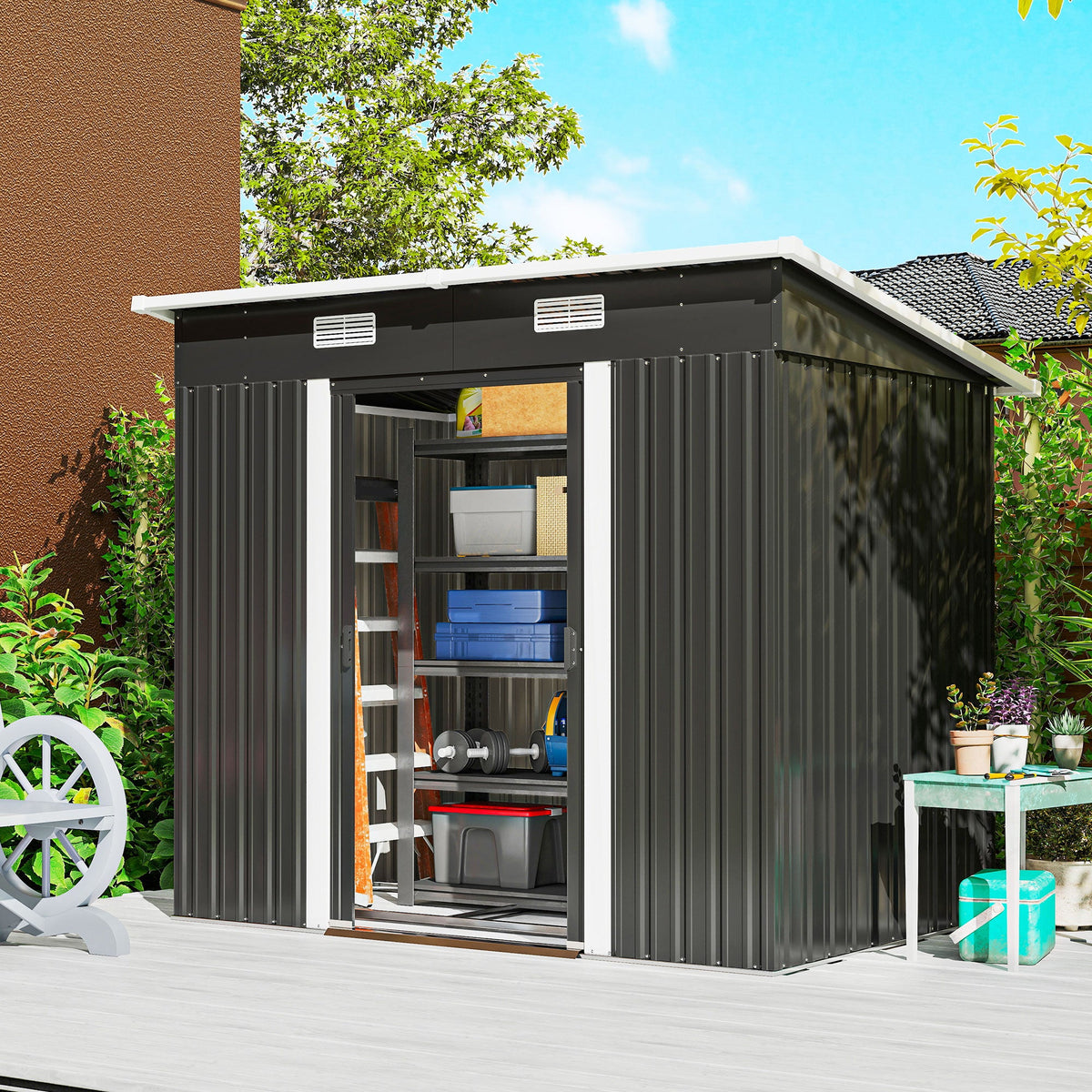 7 x 4 ft Lean-to Metal Outdoor Storage Shed with Foundation Kit, Black — product view 4