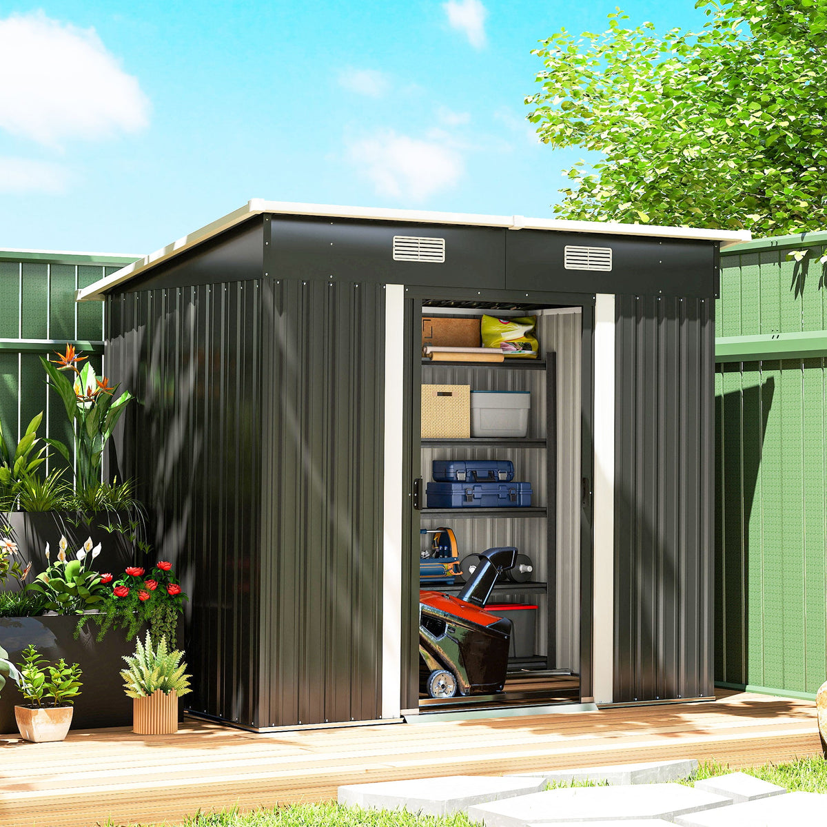 7 x 4 ft Lean-to Metal Outdoor Storage Shed with Foundation Kit, Black — product view 3