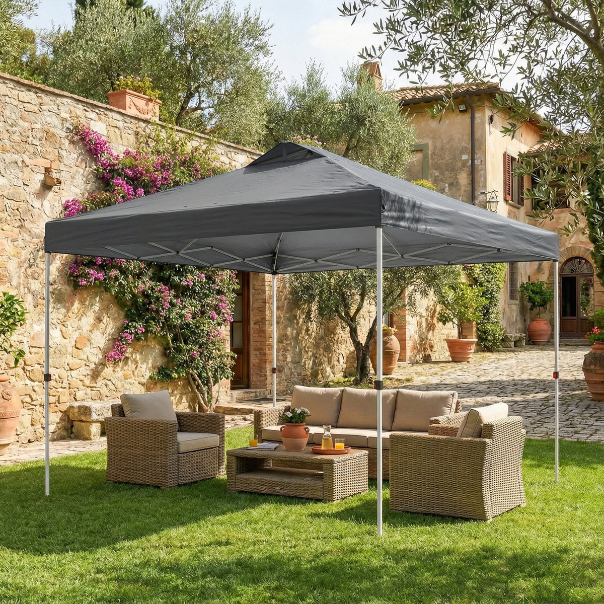 9.8' x 9.8' Pop-Up Canopy with Carrying Bag, Stakes and Ropes, Dark Grey — product view 3
