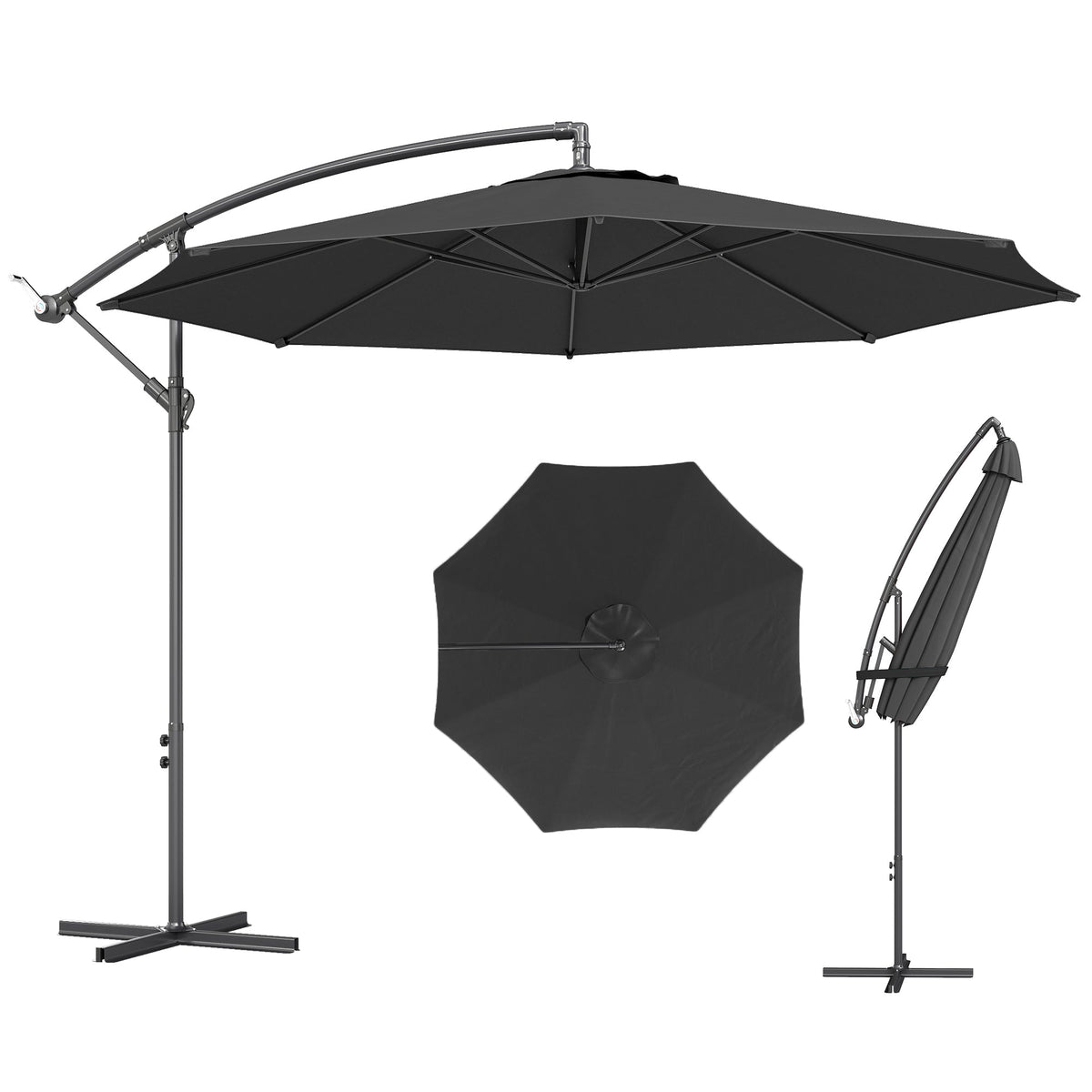 3 m Banana Parasol with Crank Handle, 8 Ribs & Cross Base, Black — product view 1