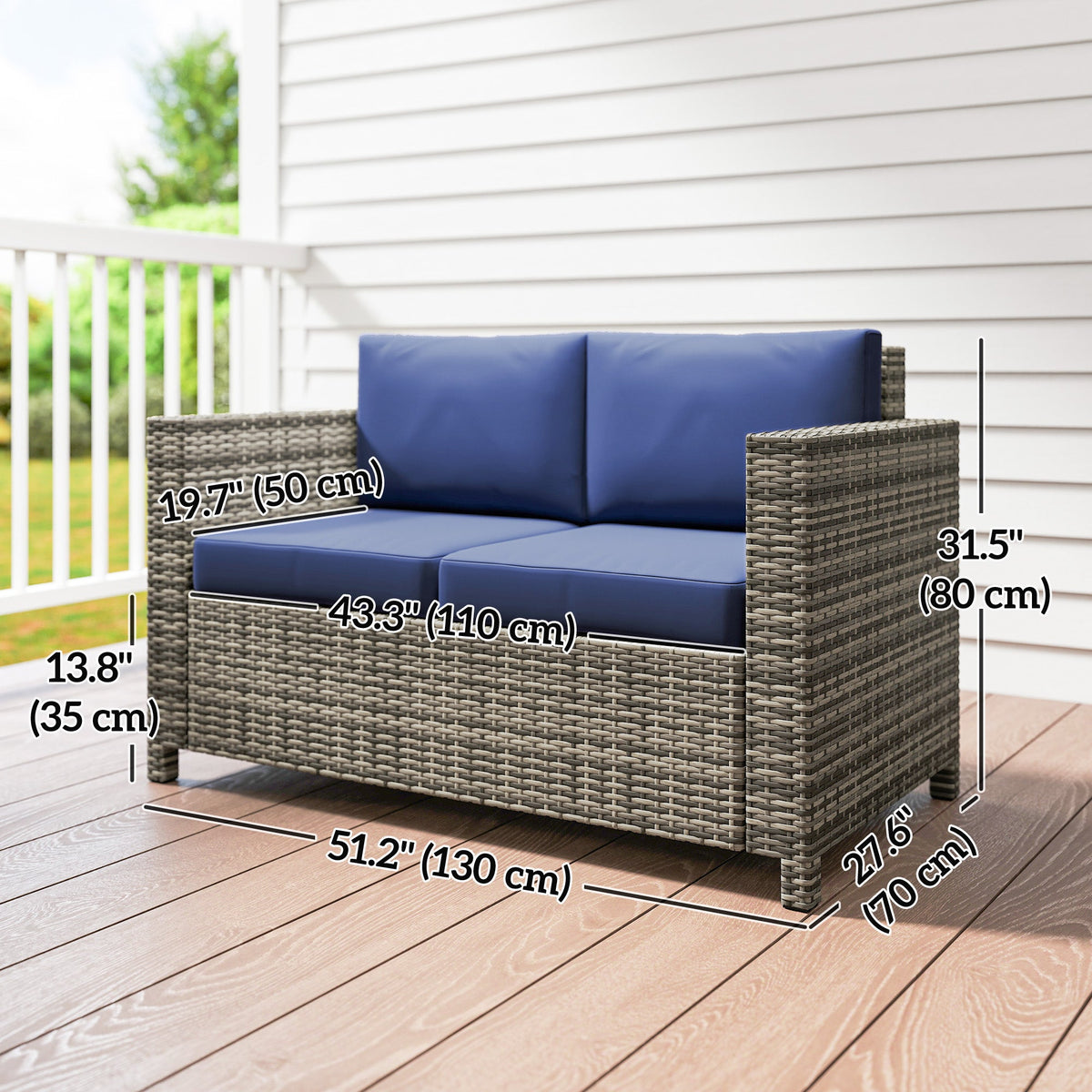 2-Seat Patio Loveseat Wicker Sofa with Cushions, Dark Blue — product view 5