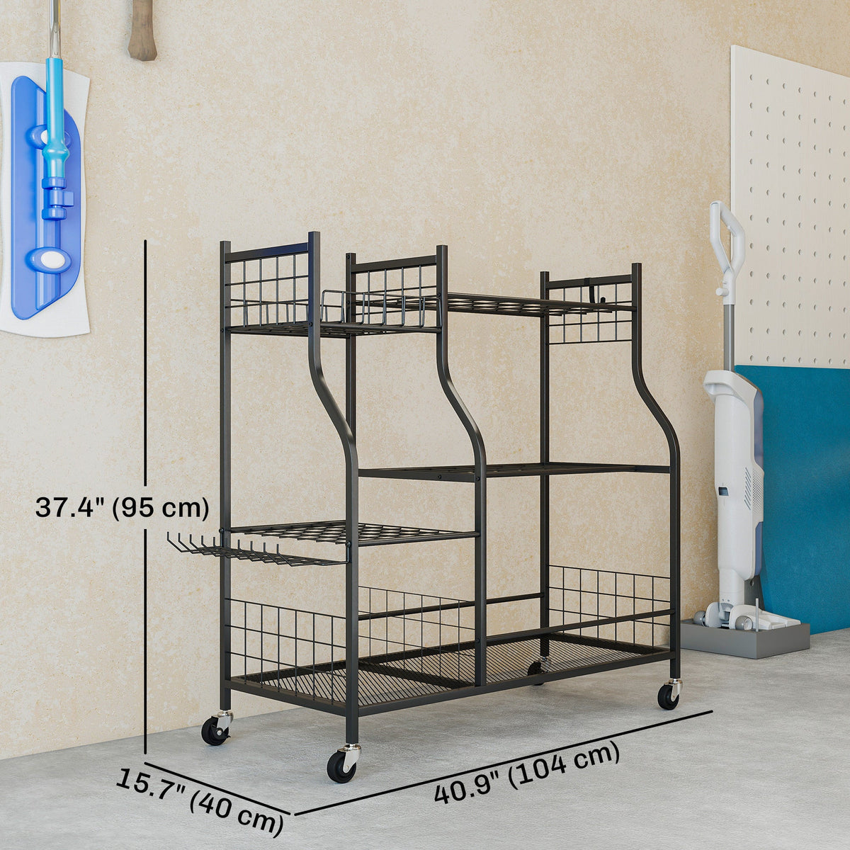 Garden Tool Organizer with 74 Slots, 4 Wheels and 11 Hooks, Black — product view 5