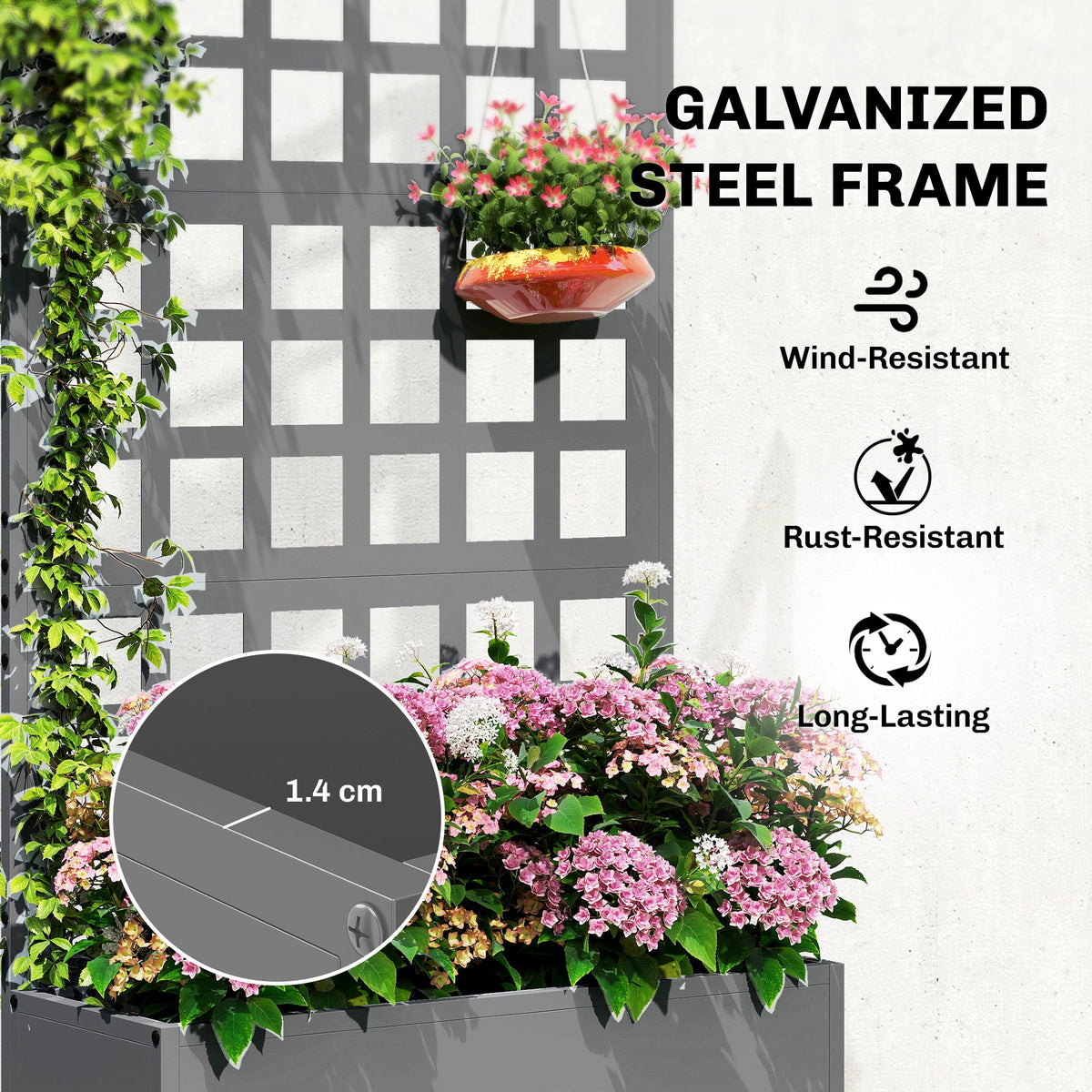 24" x 9" x 44.5" Raised Garden Bed with Trellis and Drainage, Gray — product view 6