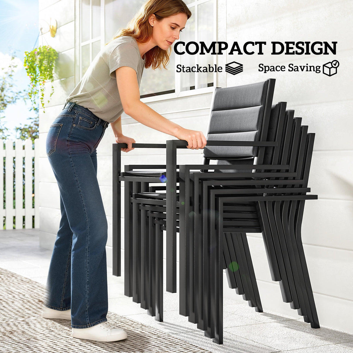 7pc Patio Dining Set with Expandable Table and Stackable Chairs, Black — product view 7