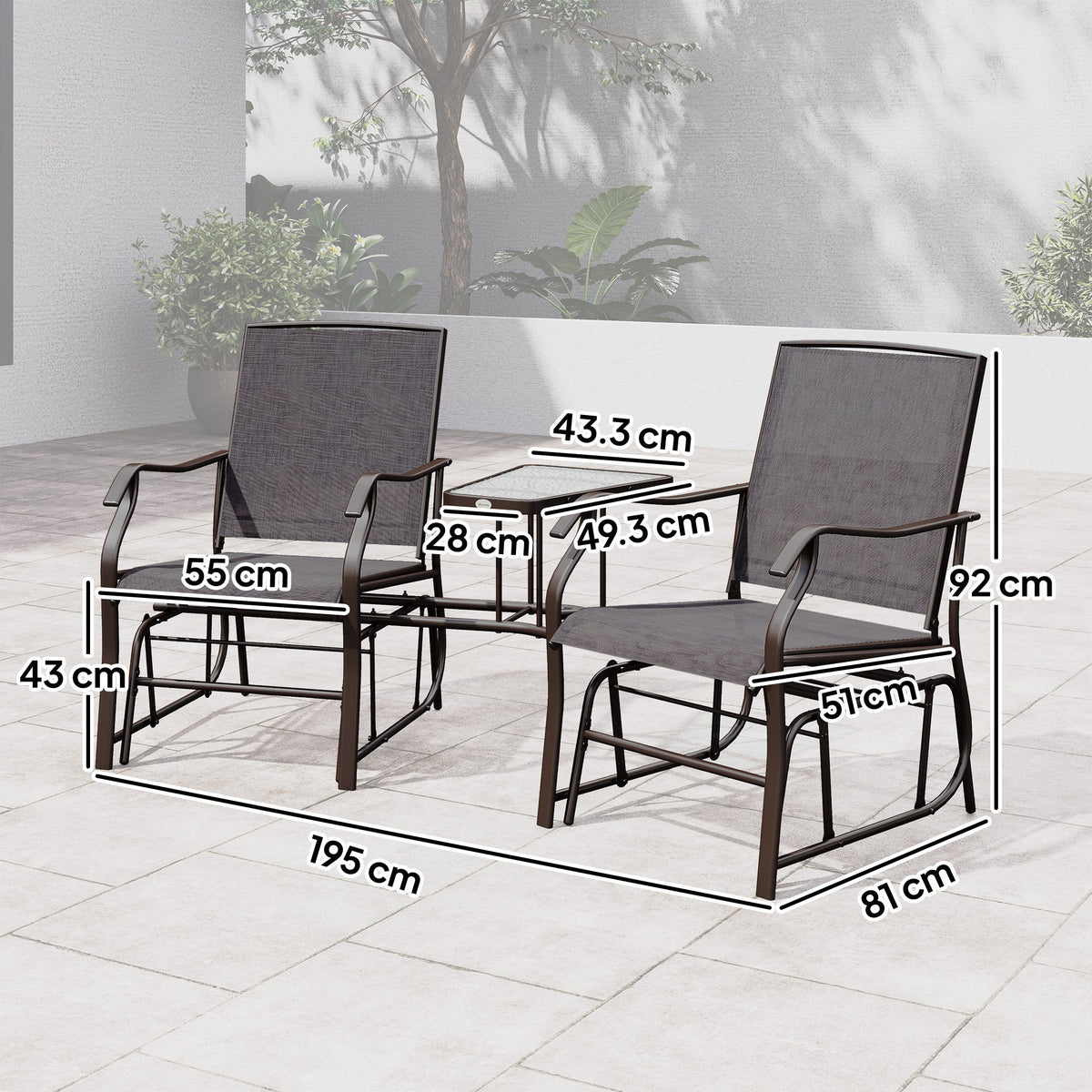 Outdoor Double Glider Rocking Chairs with Glass Top Middle Table for Garden, Patio, Grey — product view 5