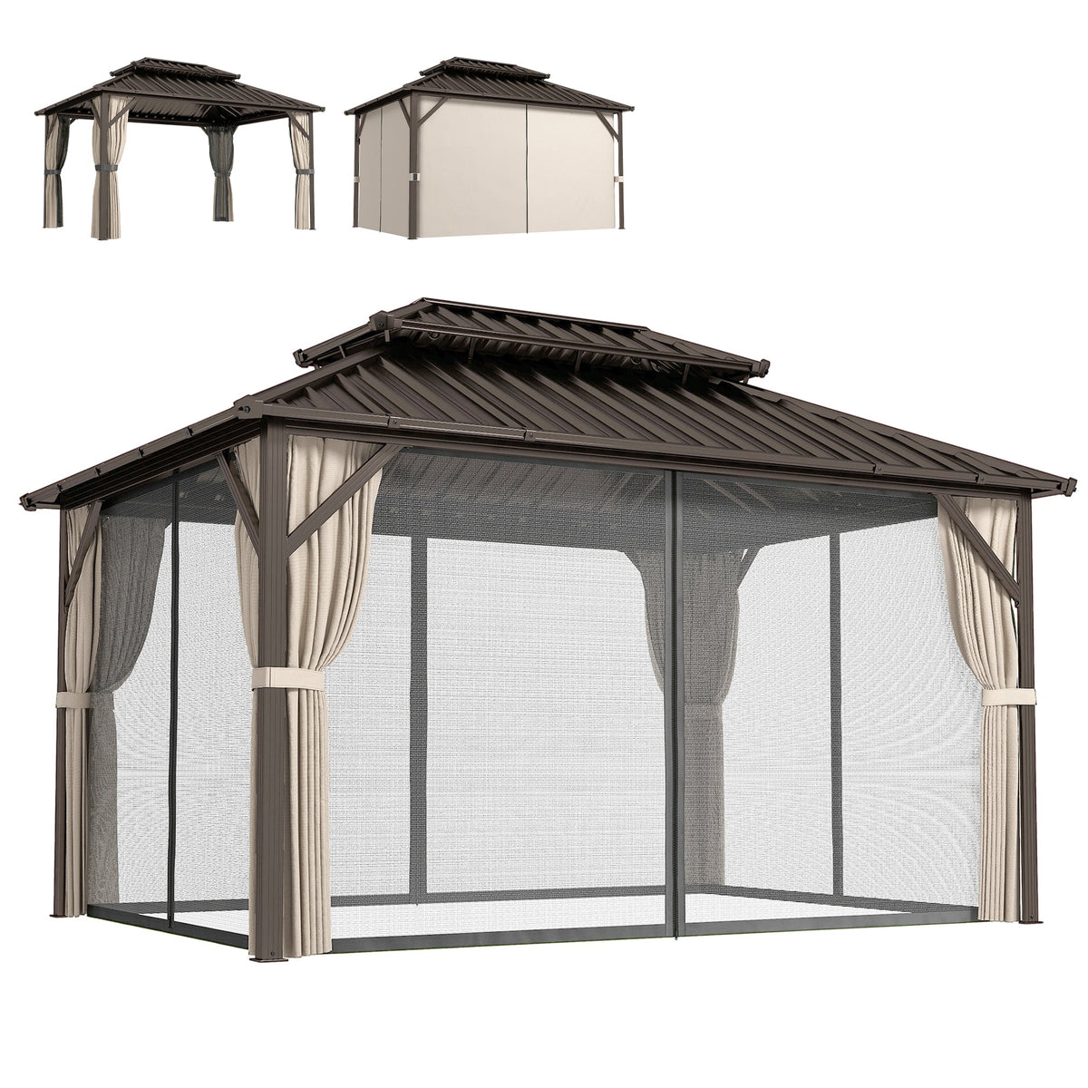 10' x 14' Hardtop Gazebo with Curtains and Netting, Brown — product view 2