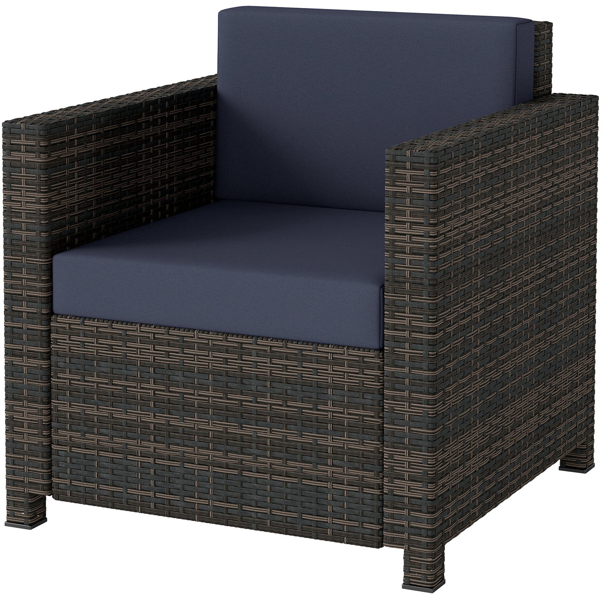 Single Rattan Garden Armchair with 10 cm Cushion & Armrests, Mixed Brown/Navy Blue — product view 2