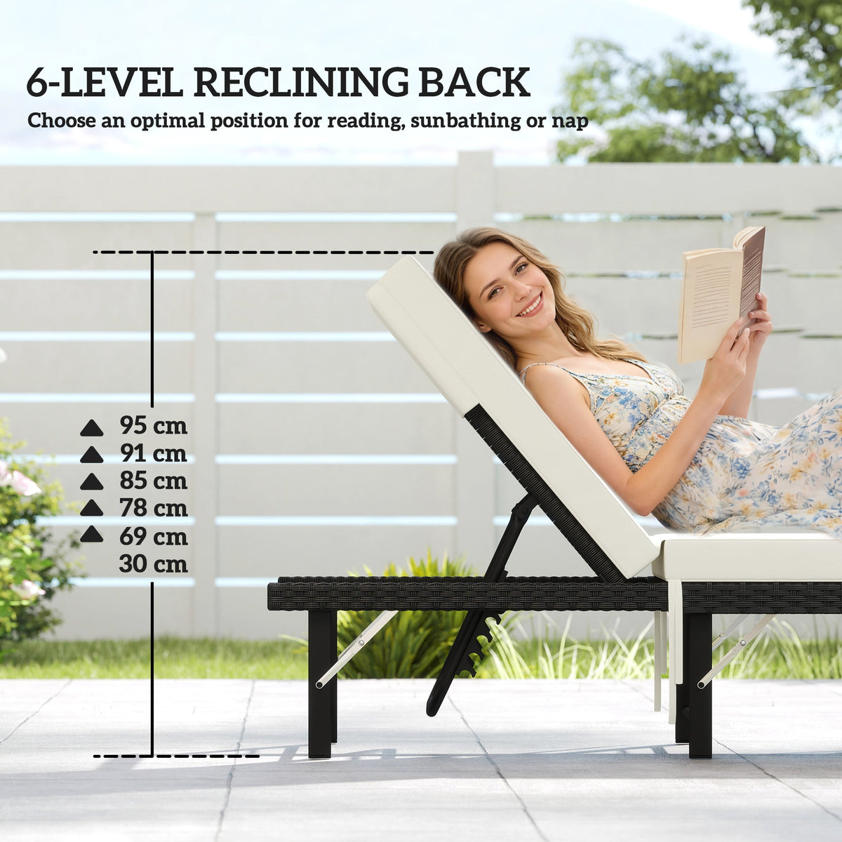 Folding Rattan Sun Lounger with Cushion and 6-Level Backrest, Black — product view 7