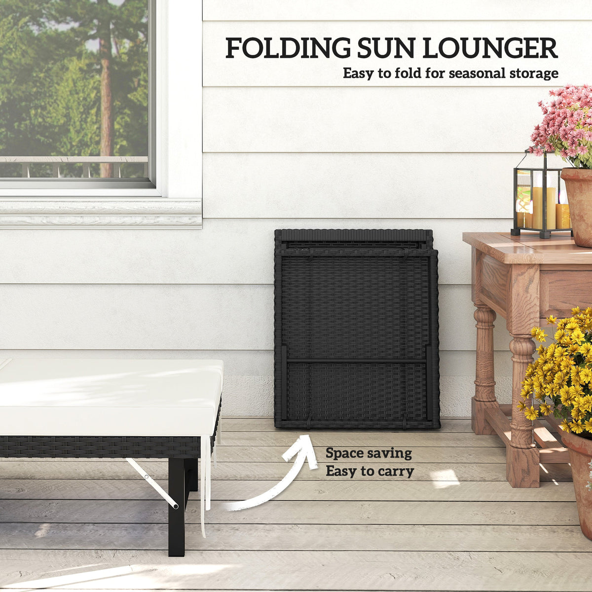 Folding Rattan Sun Lounger with Cushion and 6-Level Backrest, Black — product view 6