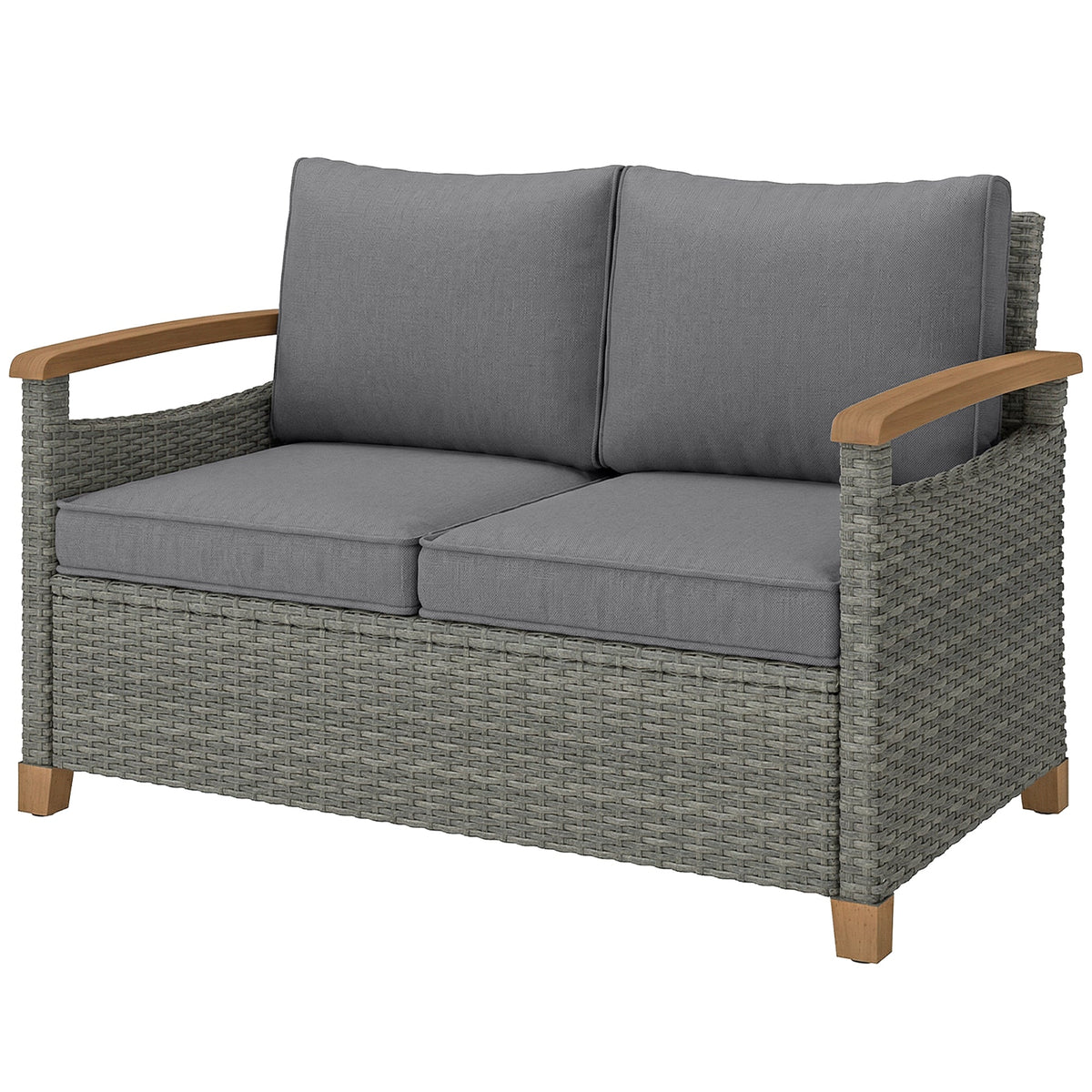 2-Seater Rattan Loveseat with Thick Cushions & Acacia Armrests, Dark Grey — product view 2