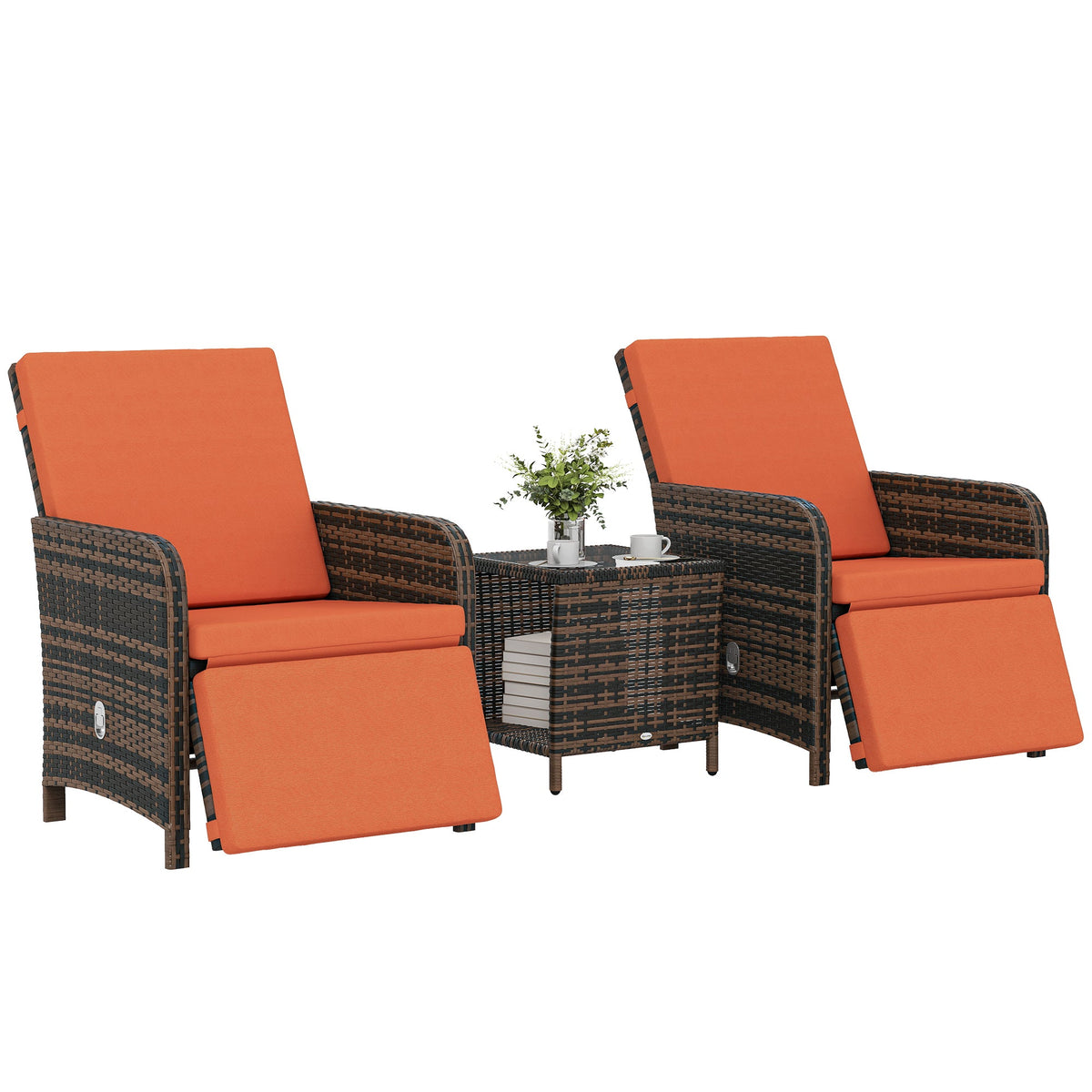 3 Piece Rattan Bistro Set with Reclining Chairs & Storage Table, Orange — product view 1
