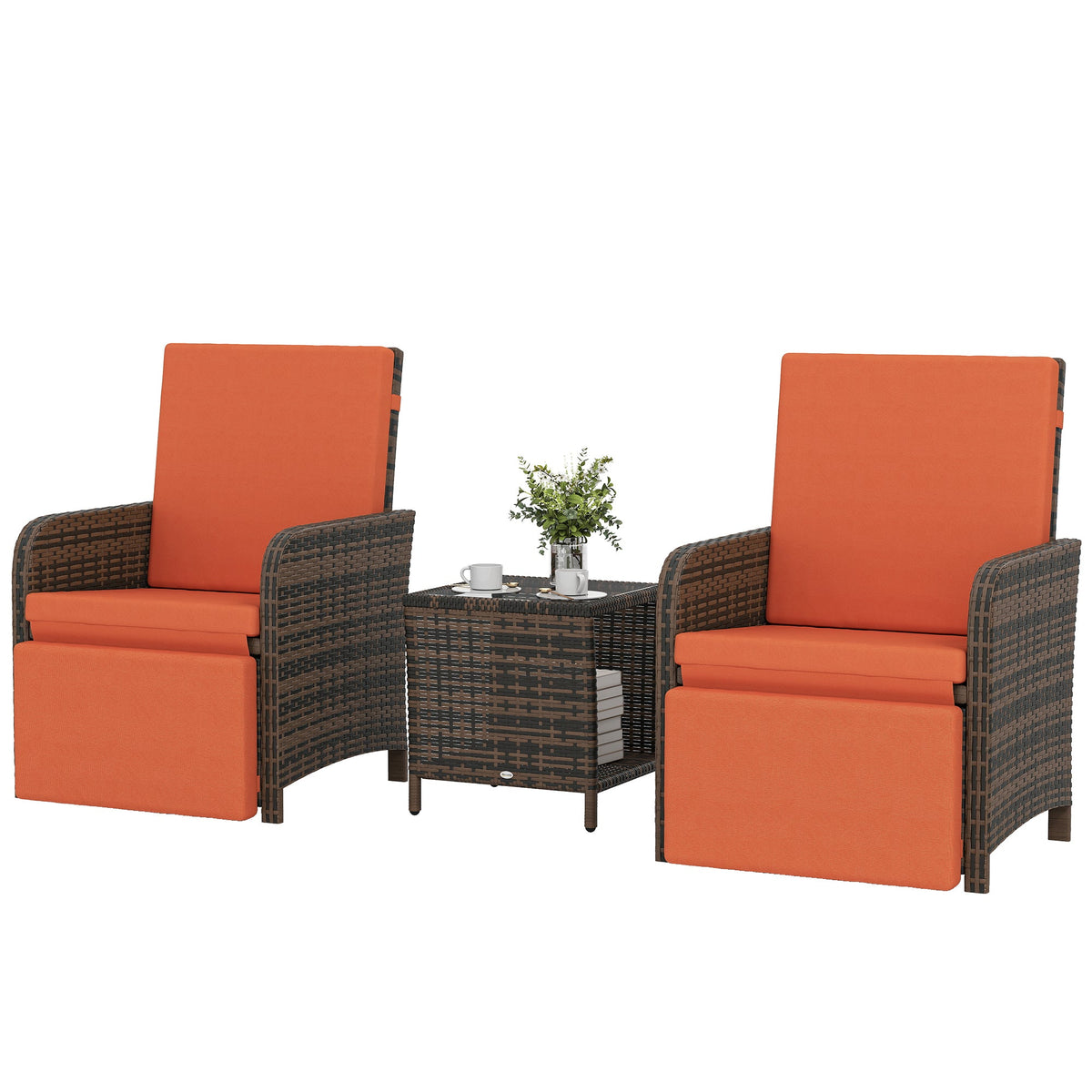 3 Piece Rattan Bistro Set with Reclining Chairs & Storage Table, Orange — product view 2