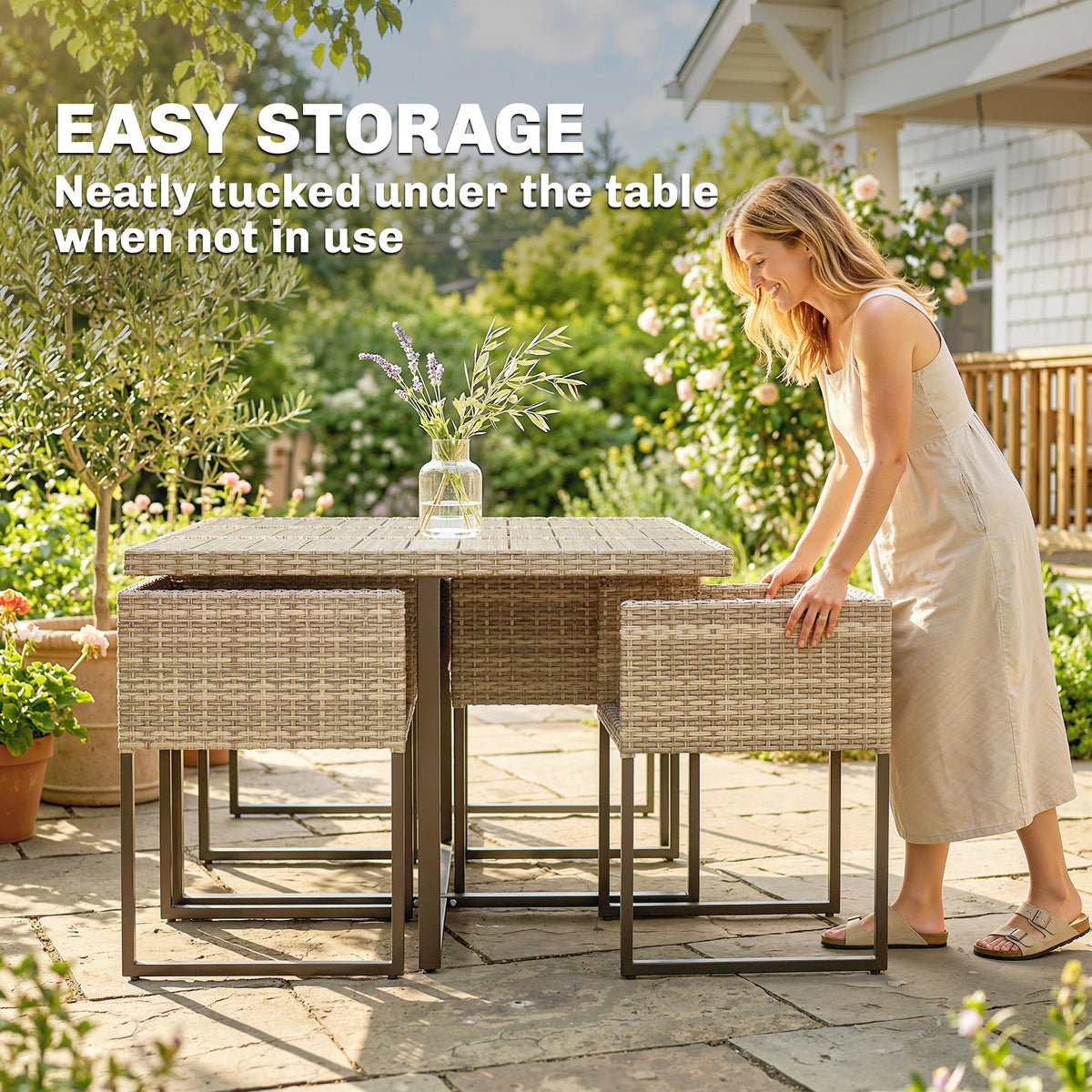 7-Piece Light Brown Rattan Dining Set with WPC Table, 6 Chairs & 12 Cushions — product view 7