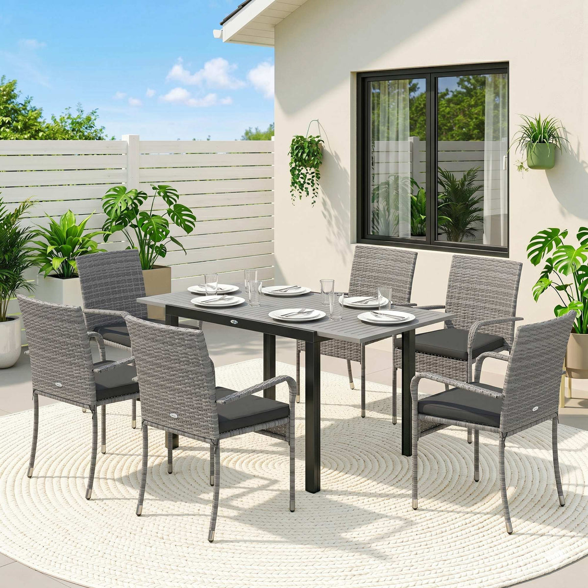 7-Piece Rattan Dining Set with Extendable Acacia Table and 6 Cushioned Chairs — product view 4