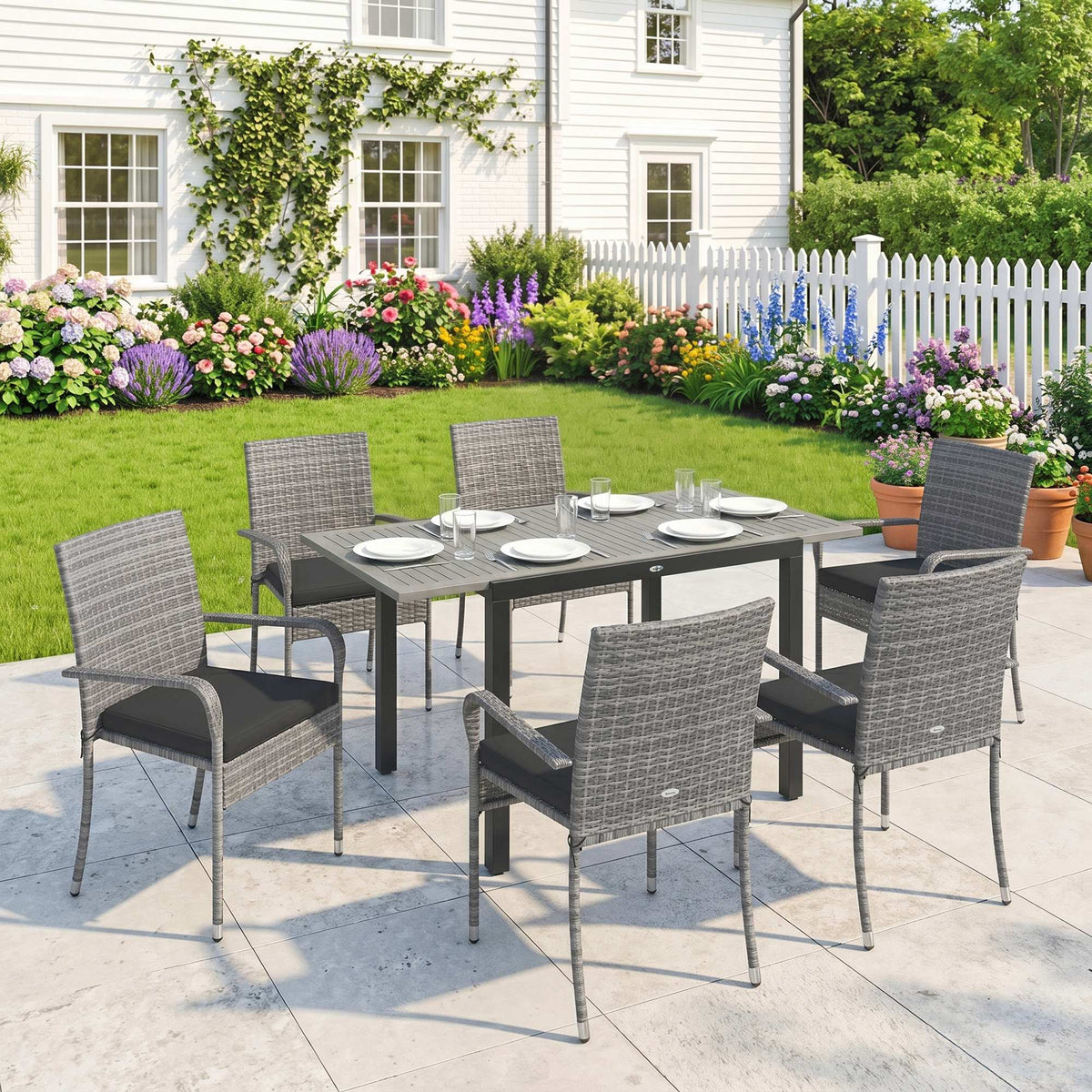 7-Piece Rattan Dining Set with Extendable Acacia Table and 6 Cushioned Chairs — product view 3
