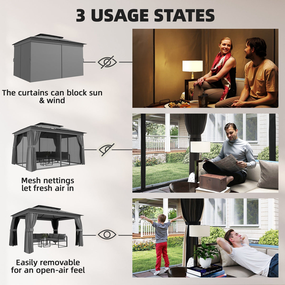 10' x 12.5' Outdoor Gazebo with Double Roof, Curtains and Netting, Dark Grey — product view 7