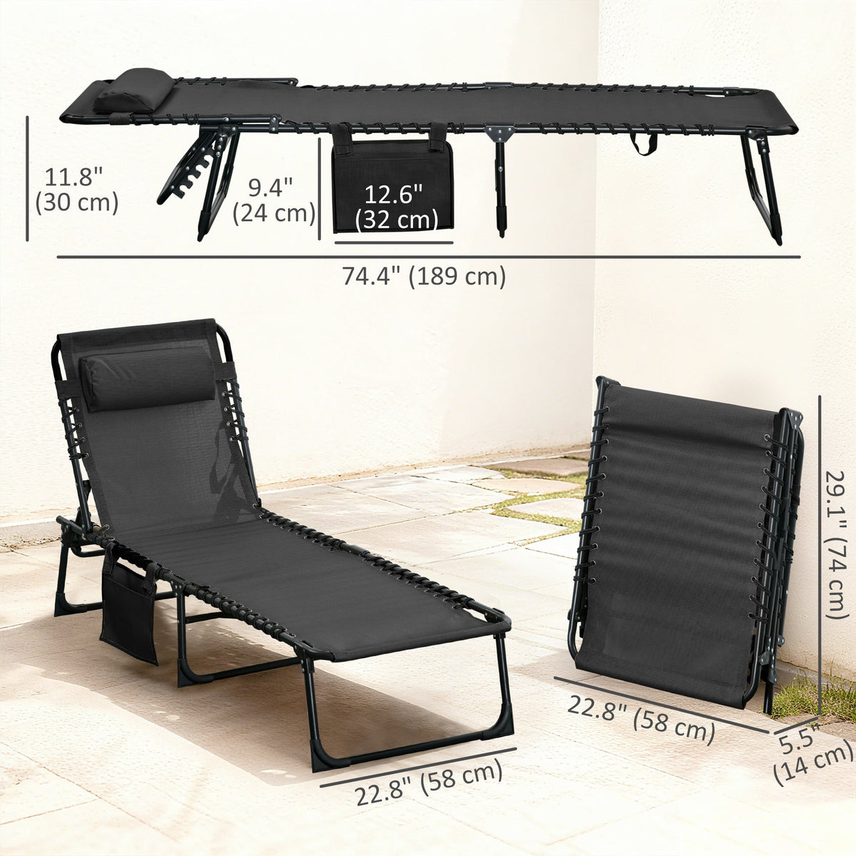 Folding Lounge Chair with Adjustable Backrest and Pillow, Black — product view 5