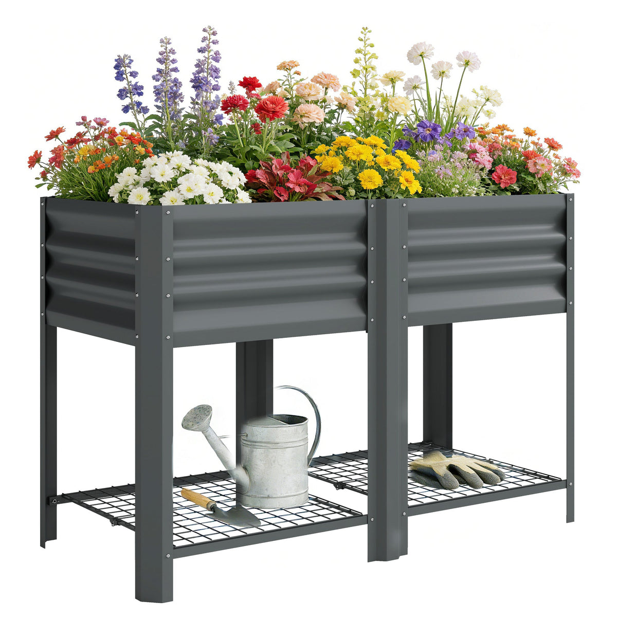 Galvanized Steel Raised Garden Bed with Legs and Storage Shelf, Dark Grey — product view 1