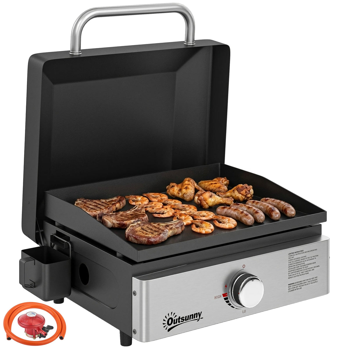 Portable Gas Plancha Grill 3.5 kW, Tabletop Griddle with Grease Cup, Black — product view 1