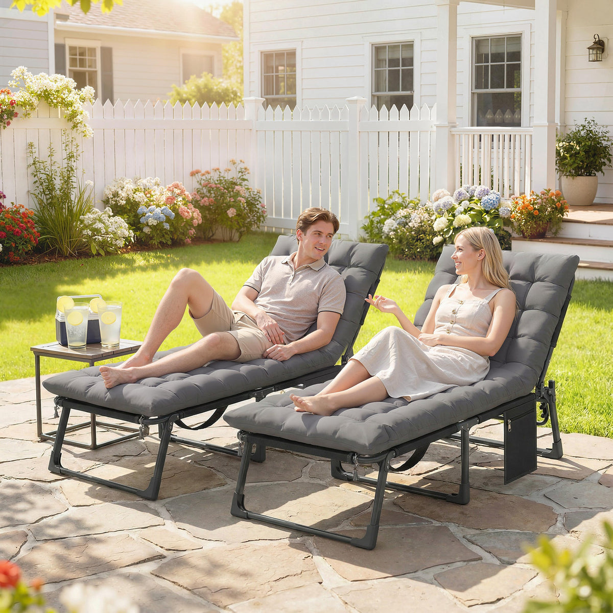 Set of 2 Folding Lounge Chairs, 75 cm Wide with Cushion and Side Pocket, Dark Grey — product view 3