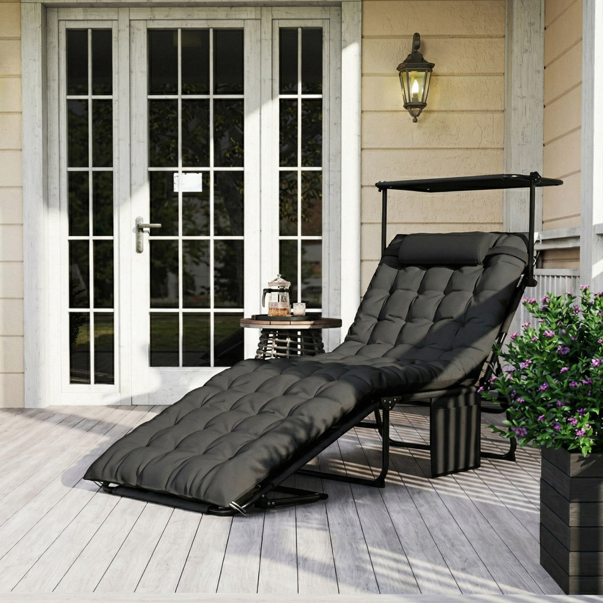 Folding Chaise Lounge Chair with Cushion, Sun Shade and Headrest, Dark Grey — product view 3